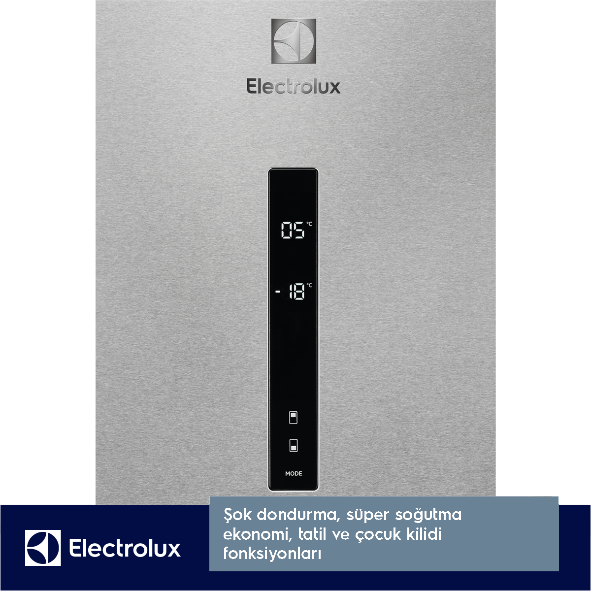 Dijital ekranlı Electrolux buzdolabı kapısı ve altında metin.