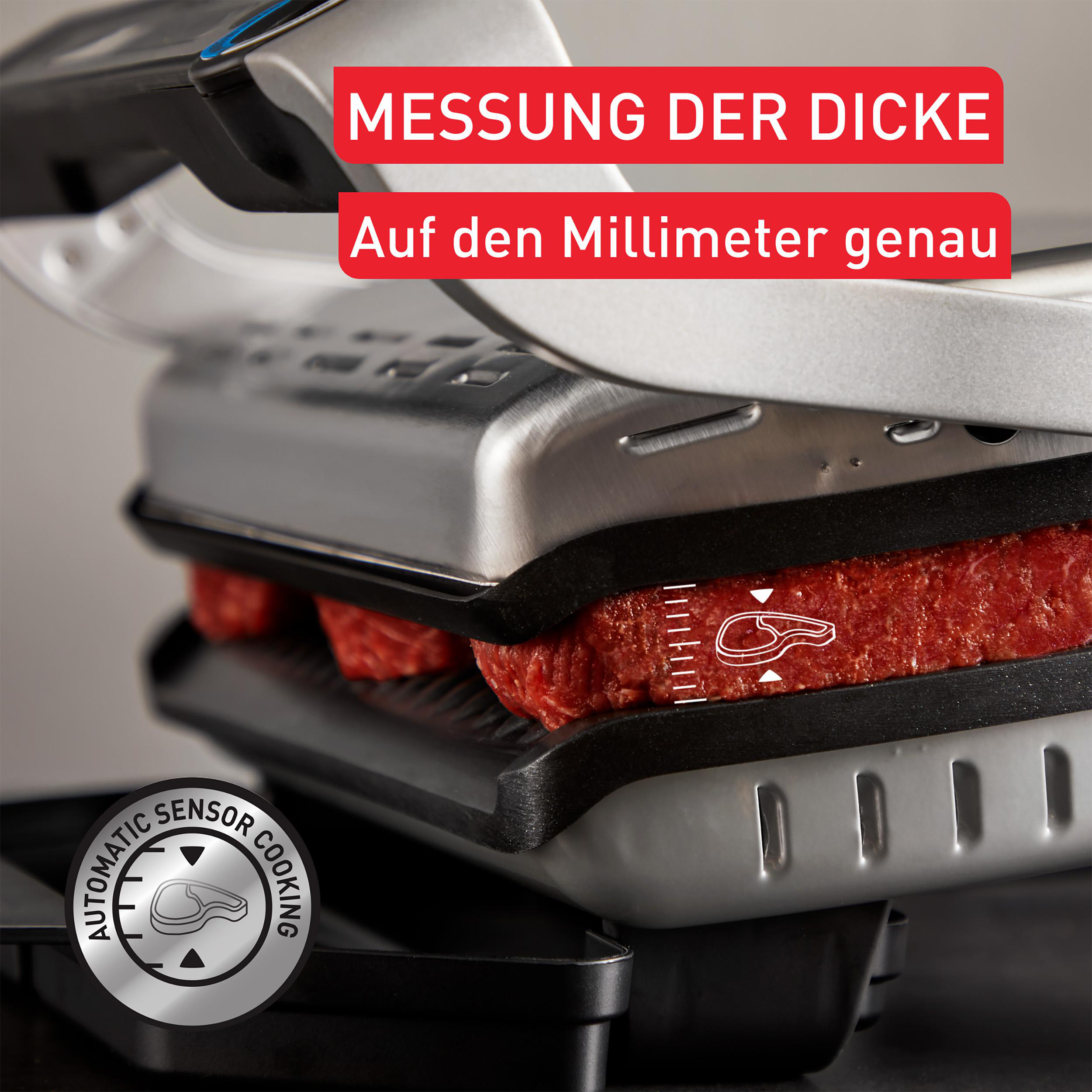 Tefal OptiGrill+ mit Fleisch im Inneren, das seine Dicke misst. Text auf Deutsch: "Messung der Dicke".
