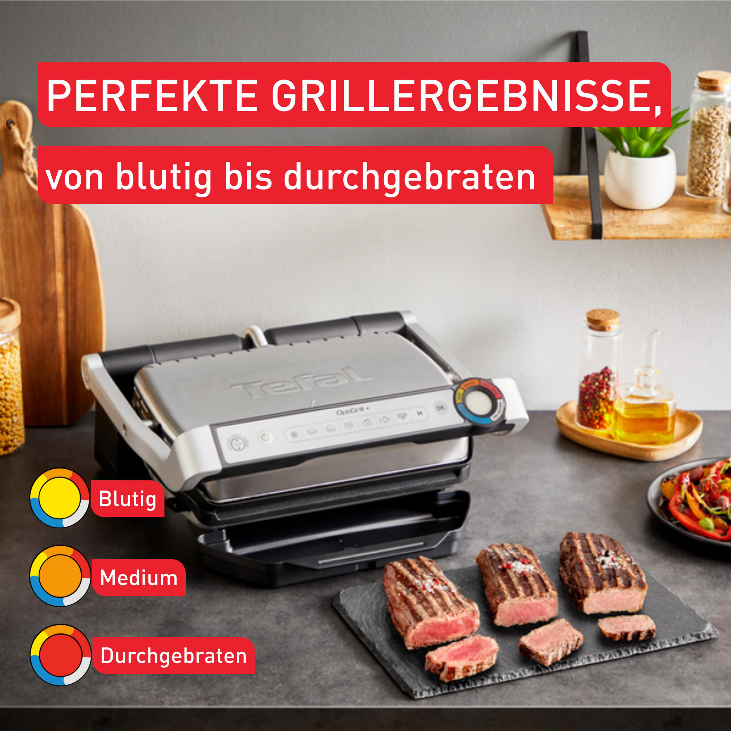 Grill mit Steaks und Text. Steaks zeigen Garstufen: blutig, medium, durchgebraten.