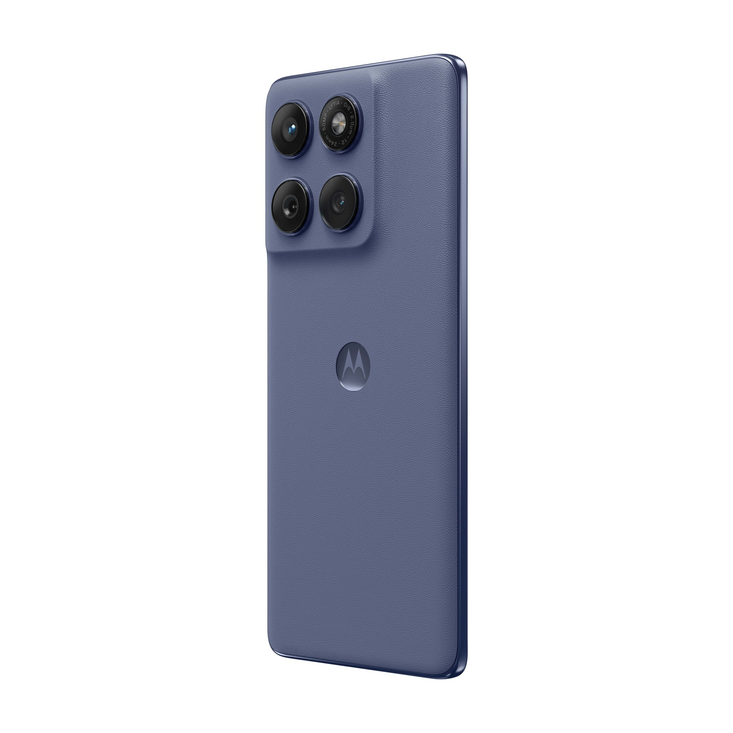 Vista posteriore del telefono blu. Quattro fotocamere, logo Motorola, sfondo bianco.