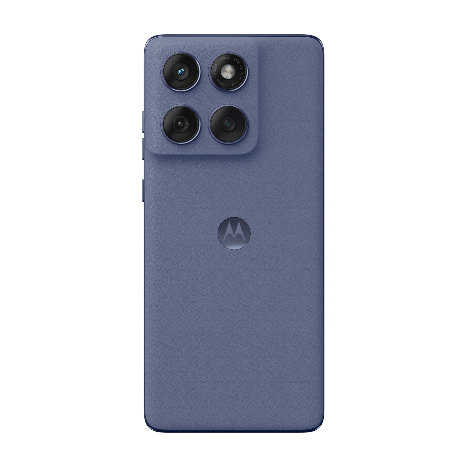 Vista posteriore del telefono blu. Quattro fotocamere, logo Motorola, sfondo bianco.