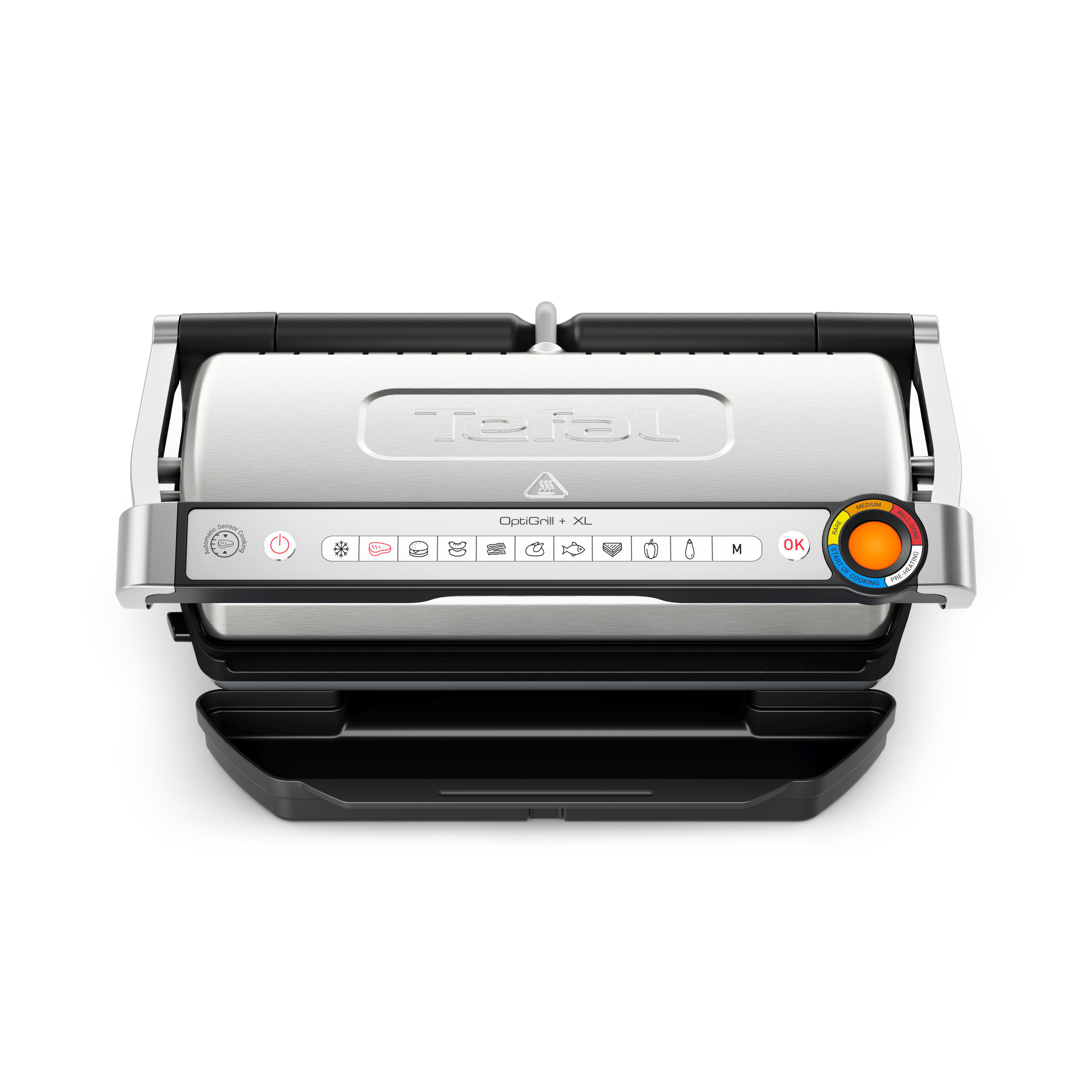 Tefal OptiGrill XL geöffnet. Der Grill hat eine Edelstahlplatte mit Bedienfeld.