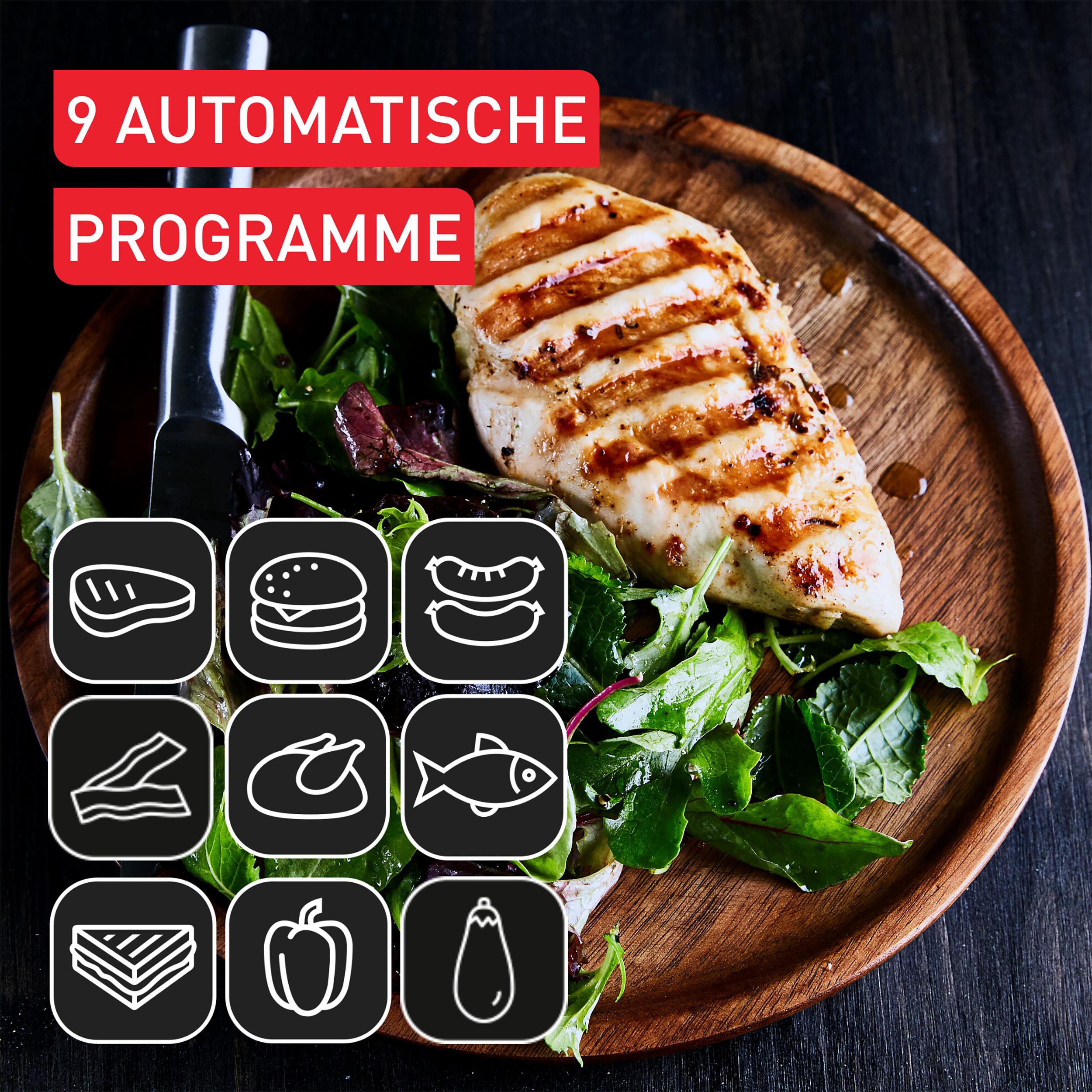 Hähnchenbrust auf Holzplatte mit 9 Automatikprogrammen. Gemüse und Icons sind auf der Platte.