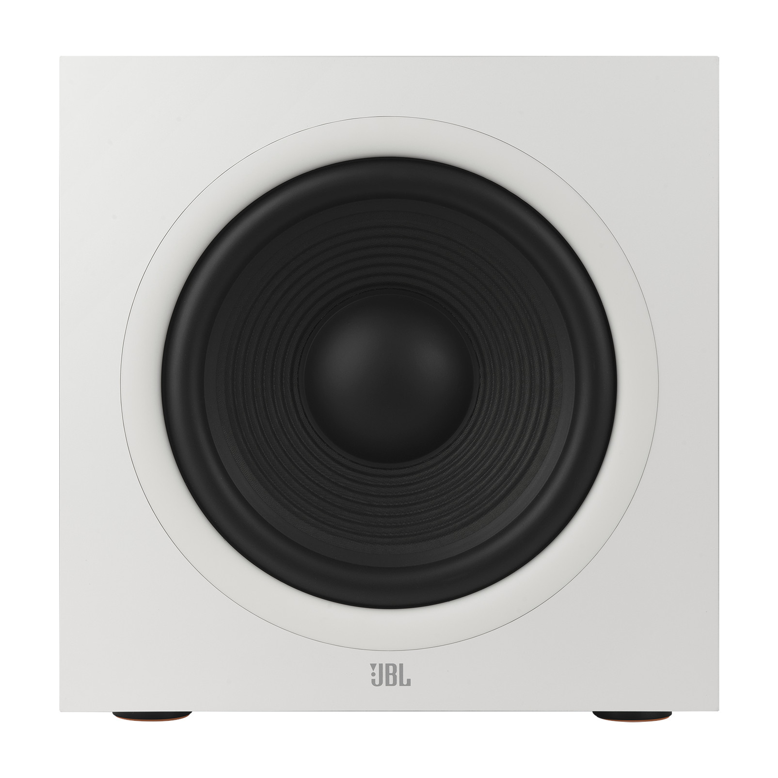 Siyah hoparlörlü beyaz bir JBL subwoofer. JBL logosu altta. Kırmızı ayakları var.