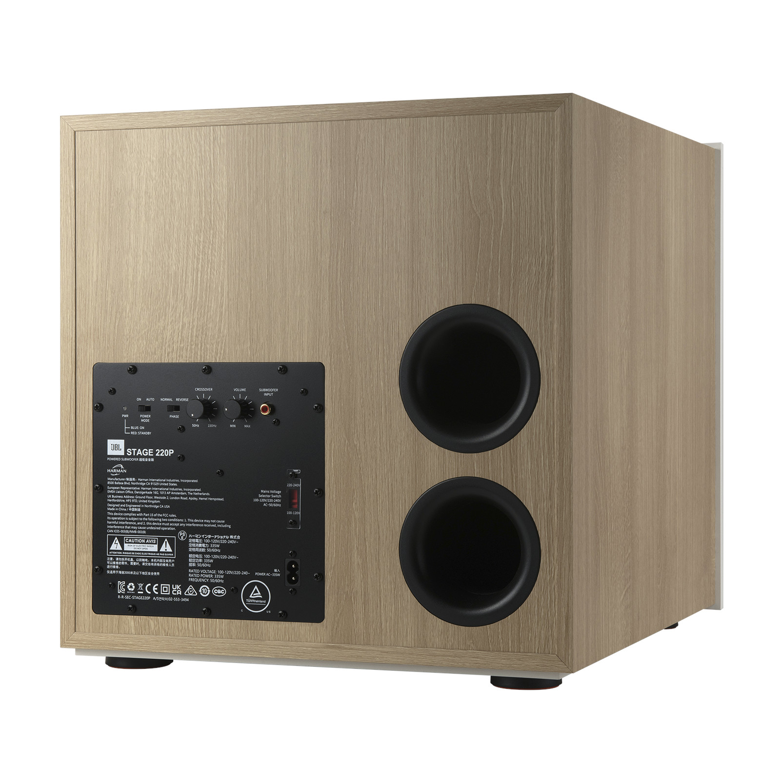 İki siyah dairesel bağlantı noktasına sahip ahşap bir subwoofer. Arkasında dü ğmeler ve bir güç girişi bulunan bir kontrol paneli var.