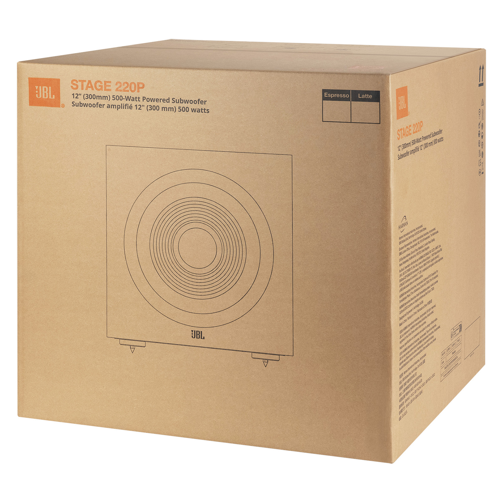 Kahverengi bir JBL subwoofer kutusu. Ürün adını ve hoparlör diyagramını gösterir.