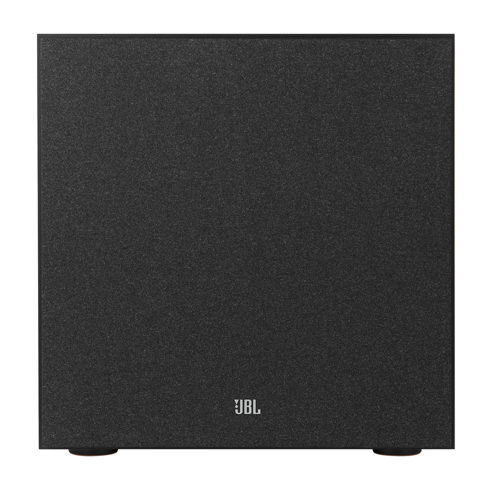 Siyah bir JBL subwoofer. Kare şeklinde, JBL logosu ve küçük kırmızı ayakları var.