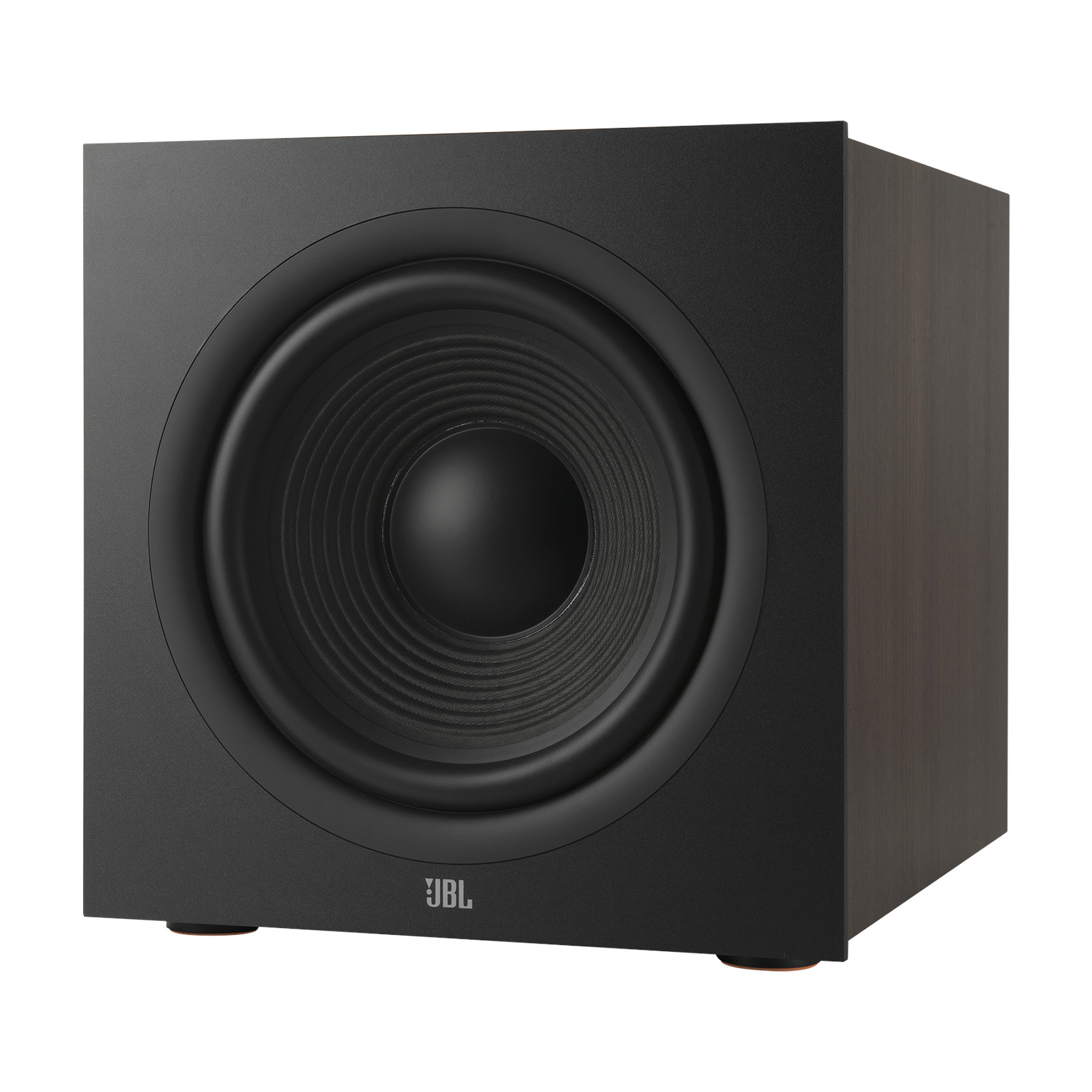 Görünür bir hoparlöre sahip siyah bir subwoofer. JBL logosu altta. Yan tarafı kahverengi.