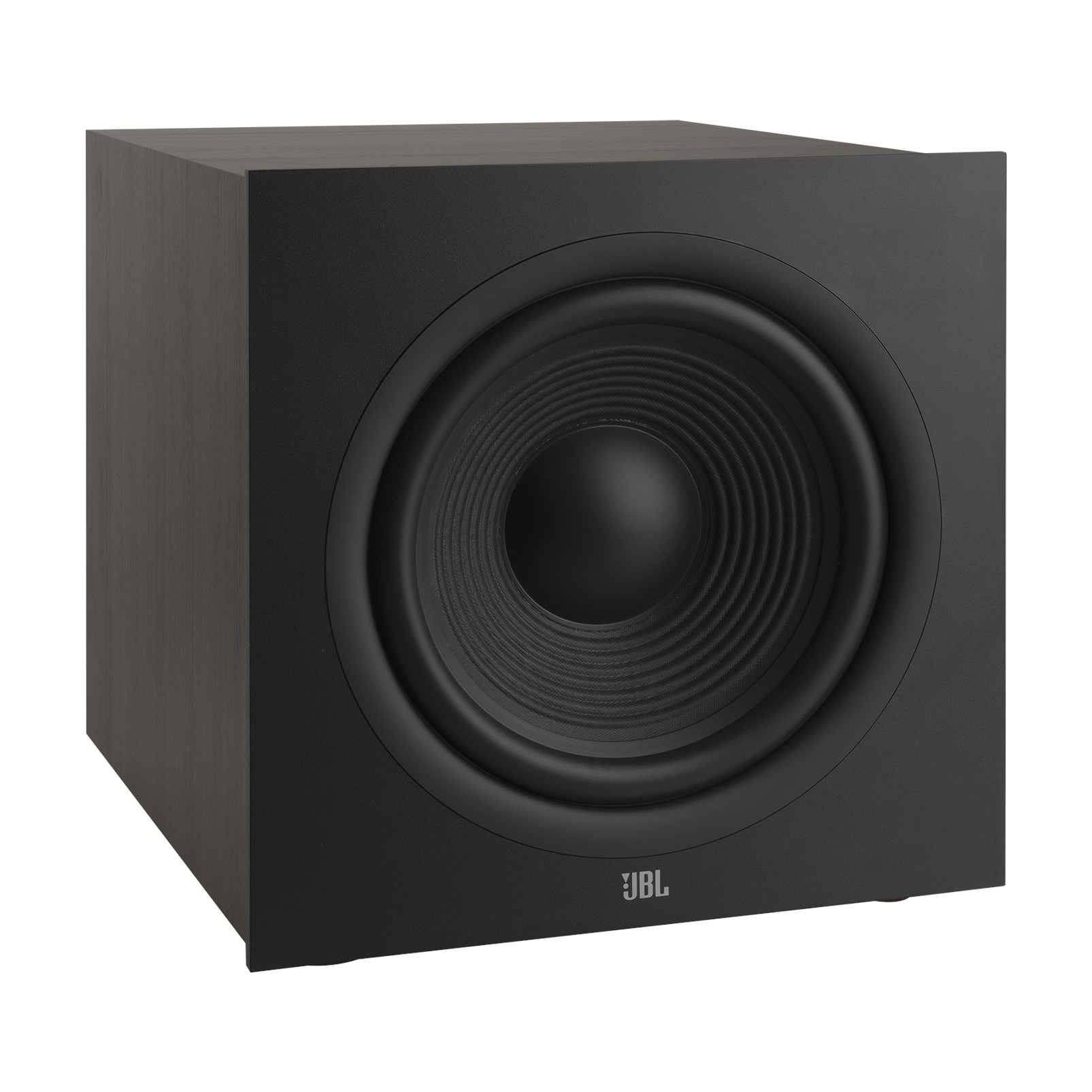 Siyah JBL subwoofer. Ortasında büyük bir hoparlör konisi bulunan bir küptür. Logo altta yer alır.