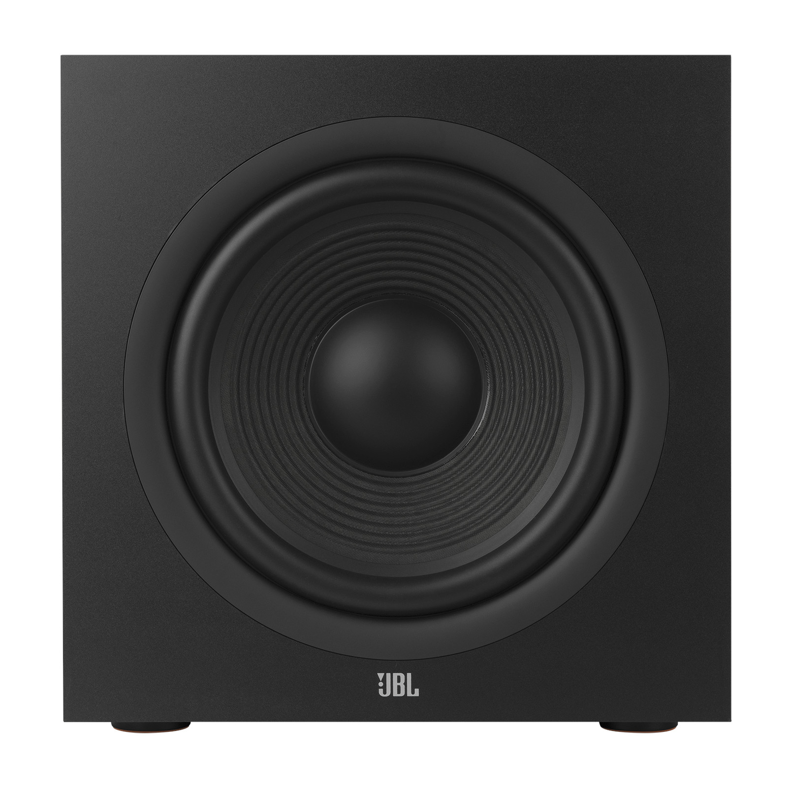 Siyah JBL subwoofer. Hoparlörün büyük bir merkezi konisi var. Logo altta görünür.