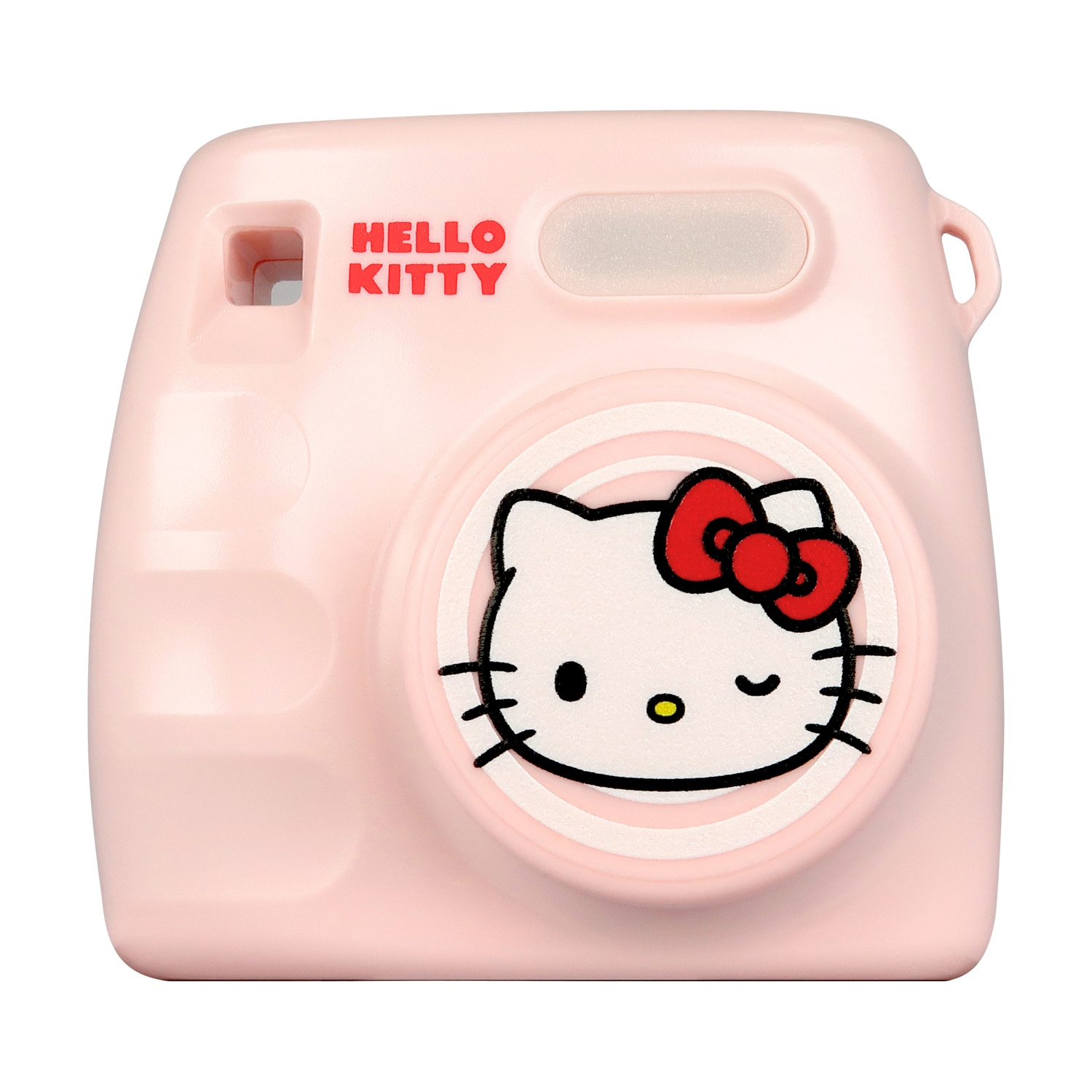 Fotocamera istantanea Hello Kitty rosa con il volto di Hello Kitty. Testo rosso Hello Kitty.