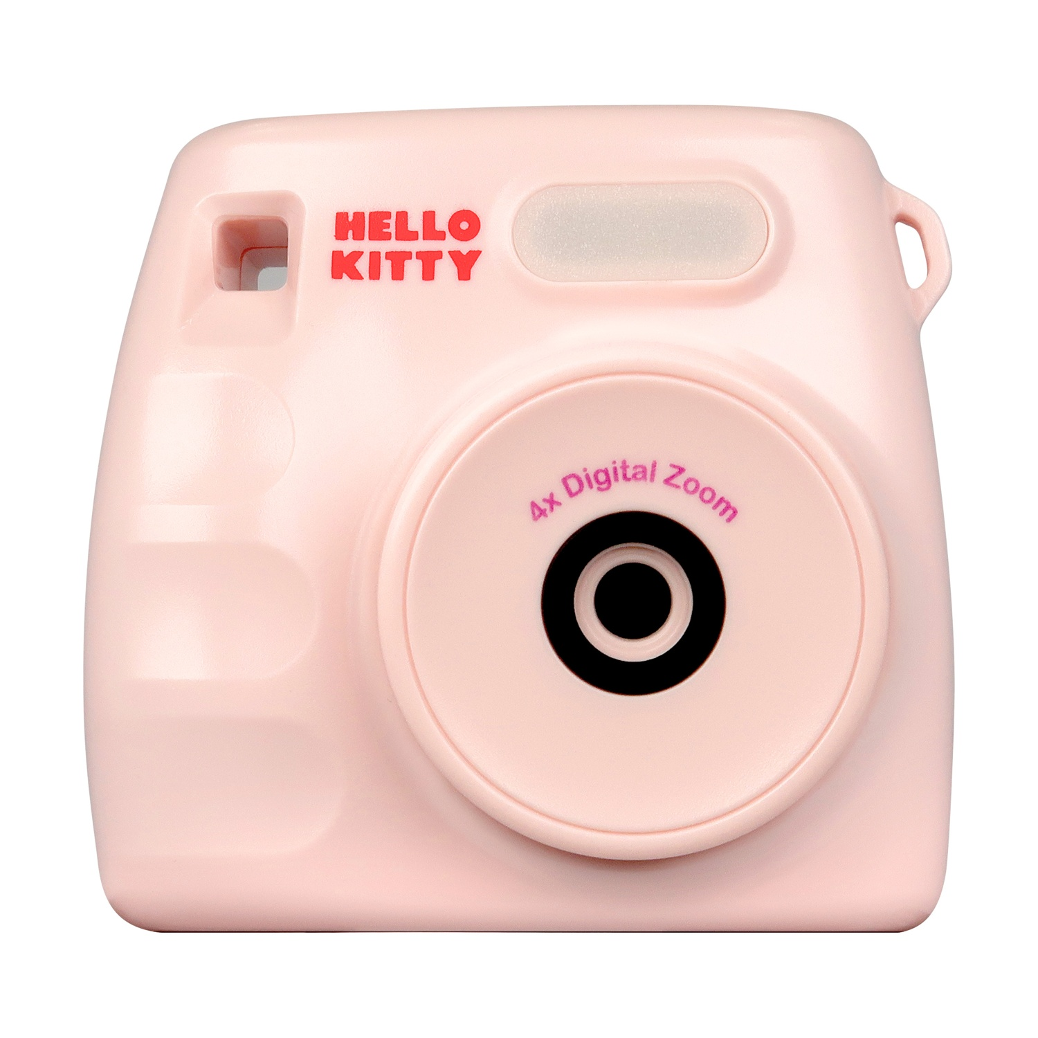 Fotocamera istantanea rosa Hello Kitty. Testo rosso Hello Kitty. Obiettivo nero e zoom digitale 4x.