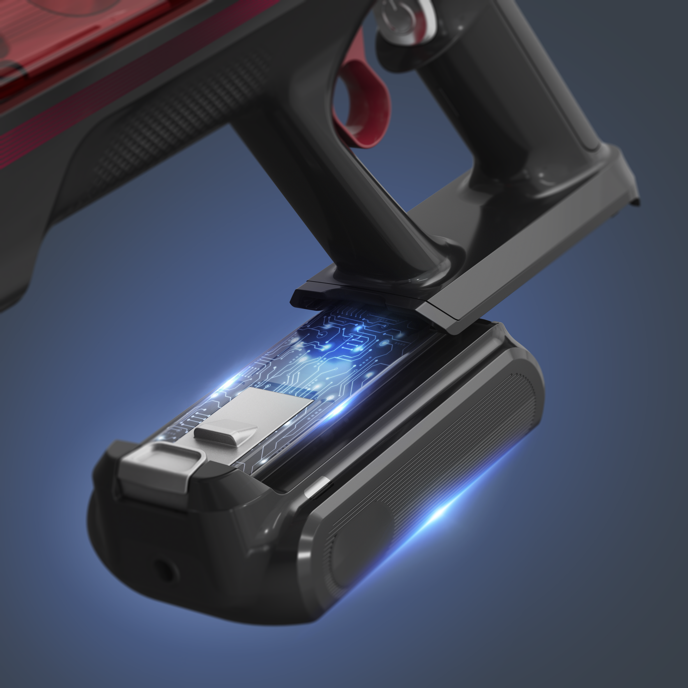Czarny i czerwony odkurzacz. Bateria jest wkładana do urządzenia, podświetlona niebieskim światłem.