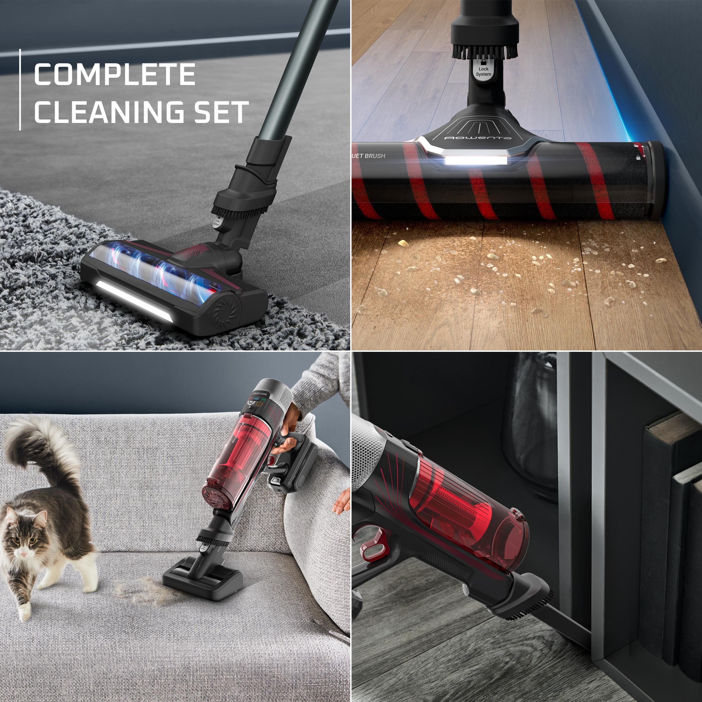 Cztery zdjęcia pokazujące sprzątanie czerwono-czarnym odkurzaczem. Kot, dywan, podłoga i półka.