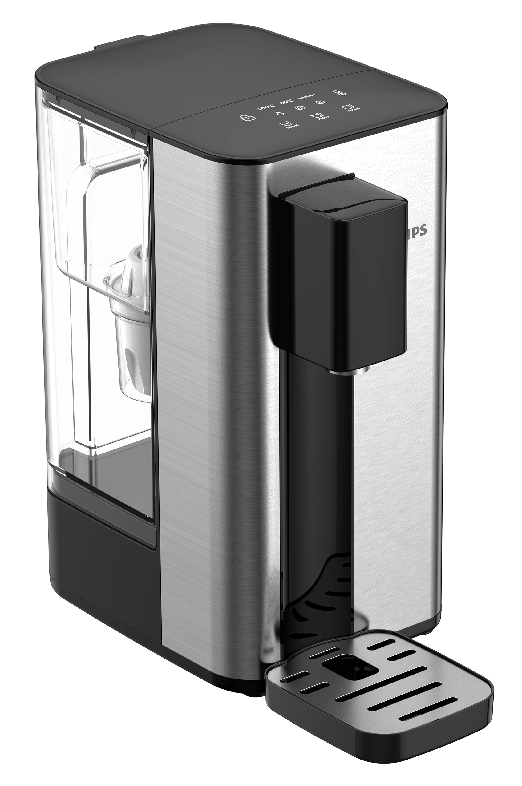 Srebrno-czarny dystrybutor wody Philips, widok pod kątem, z czarno-srebrnym blatem.