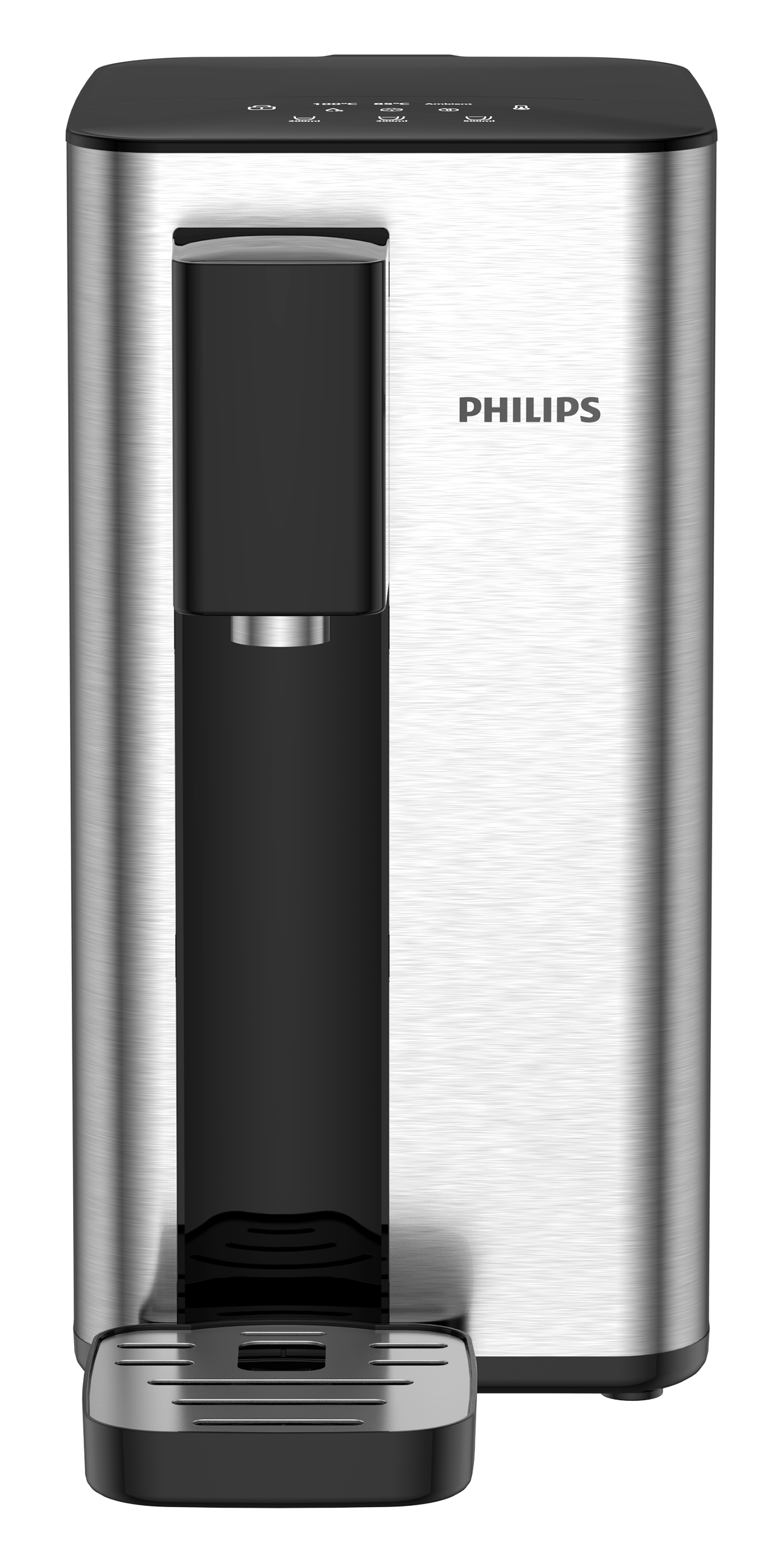 Dystrybutor wody Philips w kolorze srebrnym i czarnym, wysoka, elegancka konstrukcja z czarnym wylewem.