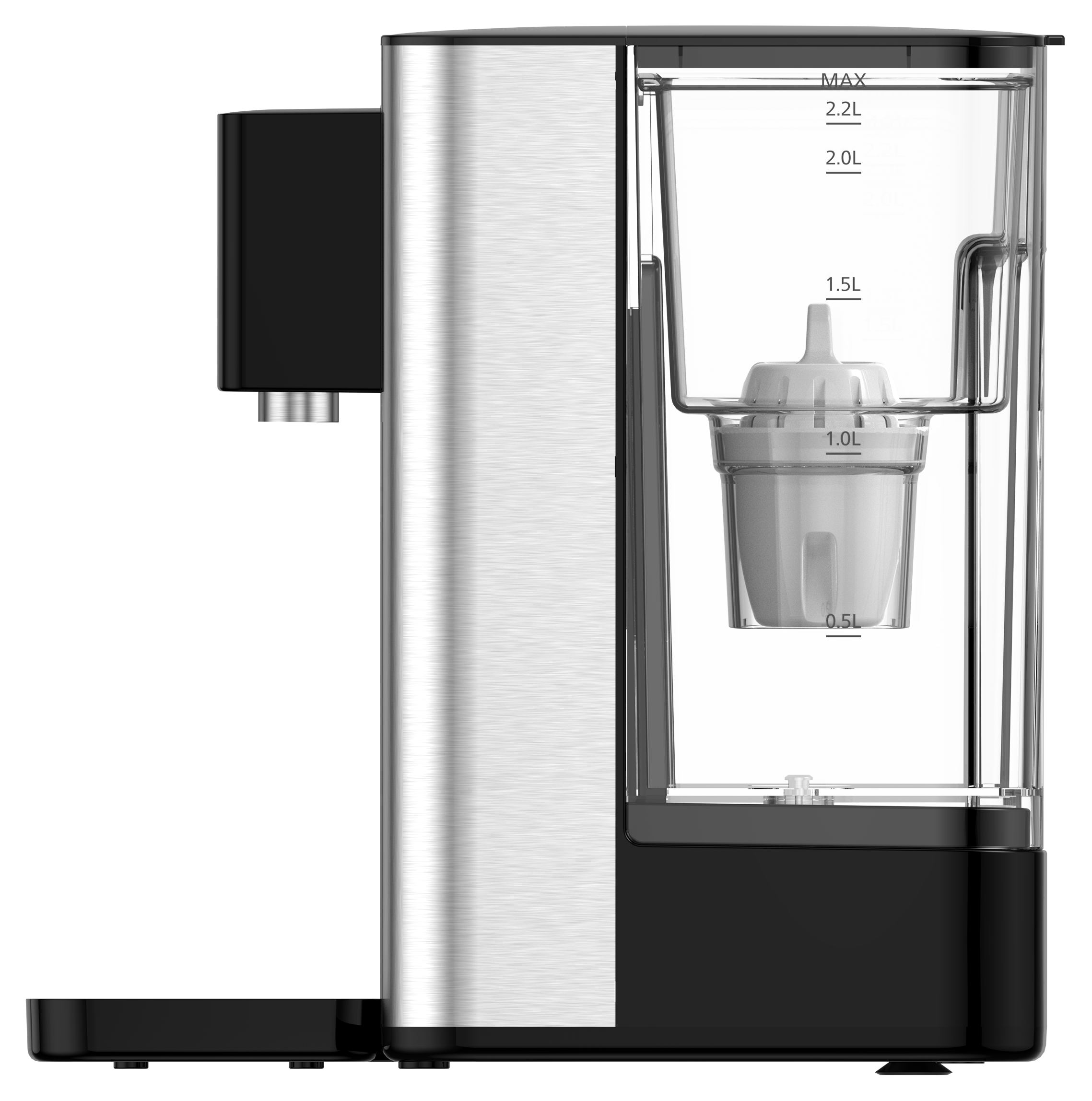 Widok z boku dystrybutora wody Philips, pokazujący przezroczysty zbiornik i filtr.