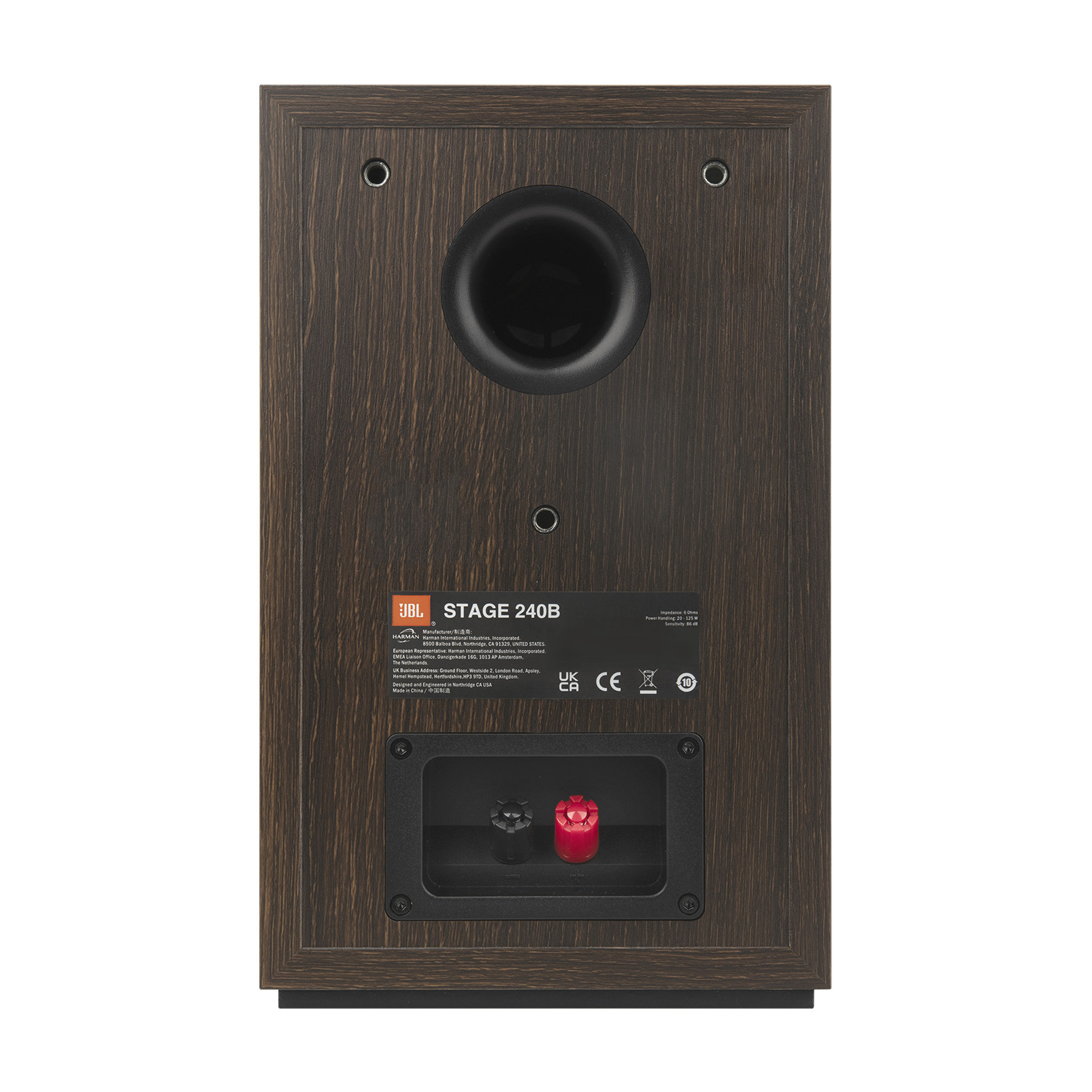 Bir JBL Stage 240B hoparlörünün arkası. Koyu ahşap kaplamaya, siyah bir porta ve kırmızı/siyah konektörlere sahip.