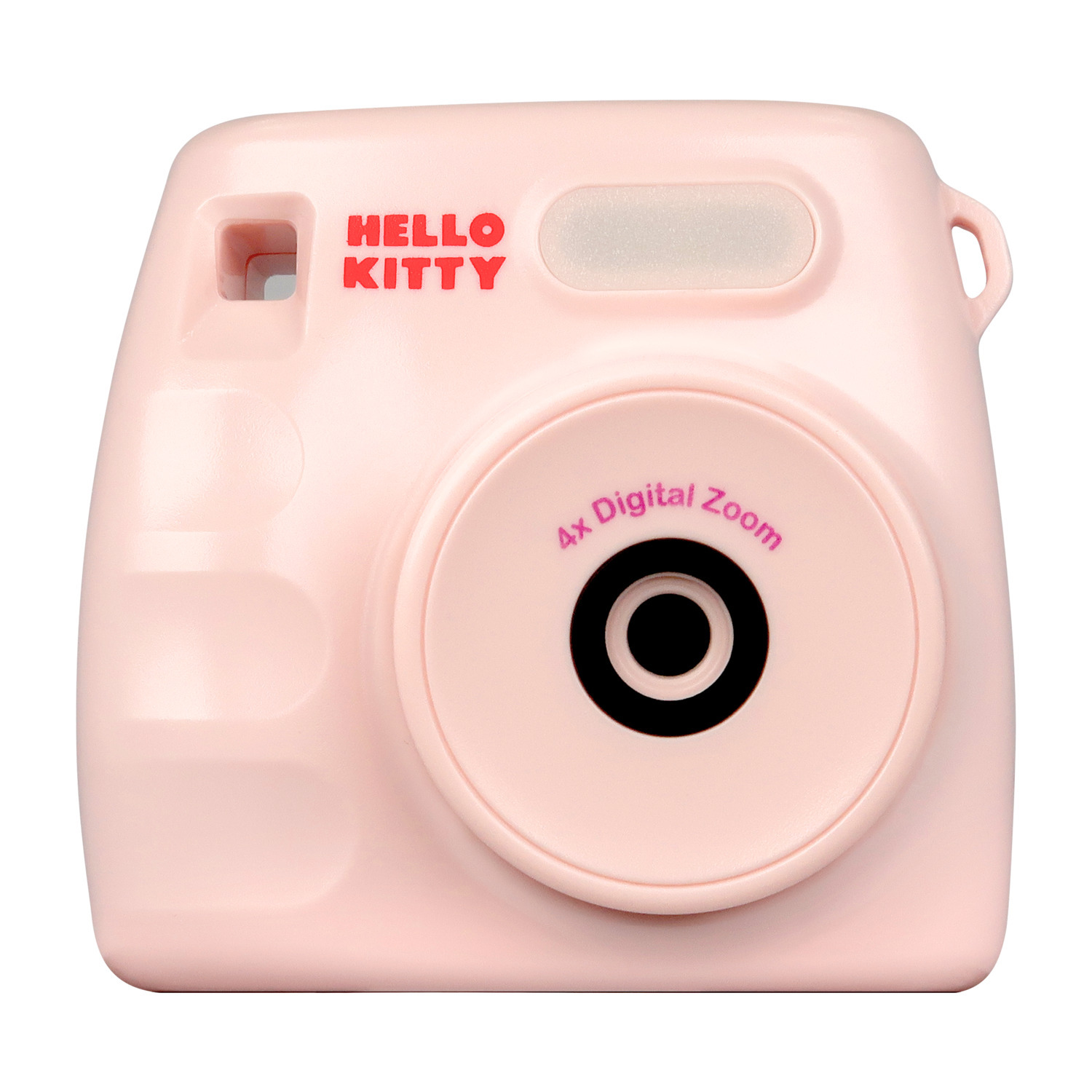 Pink Hello Kitty camera with a lens and Hello Kitty text. The background is white.