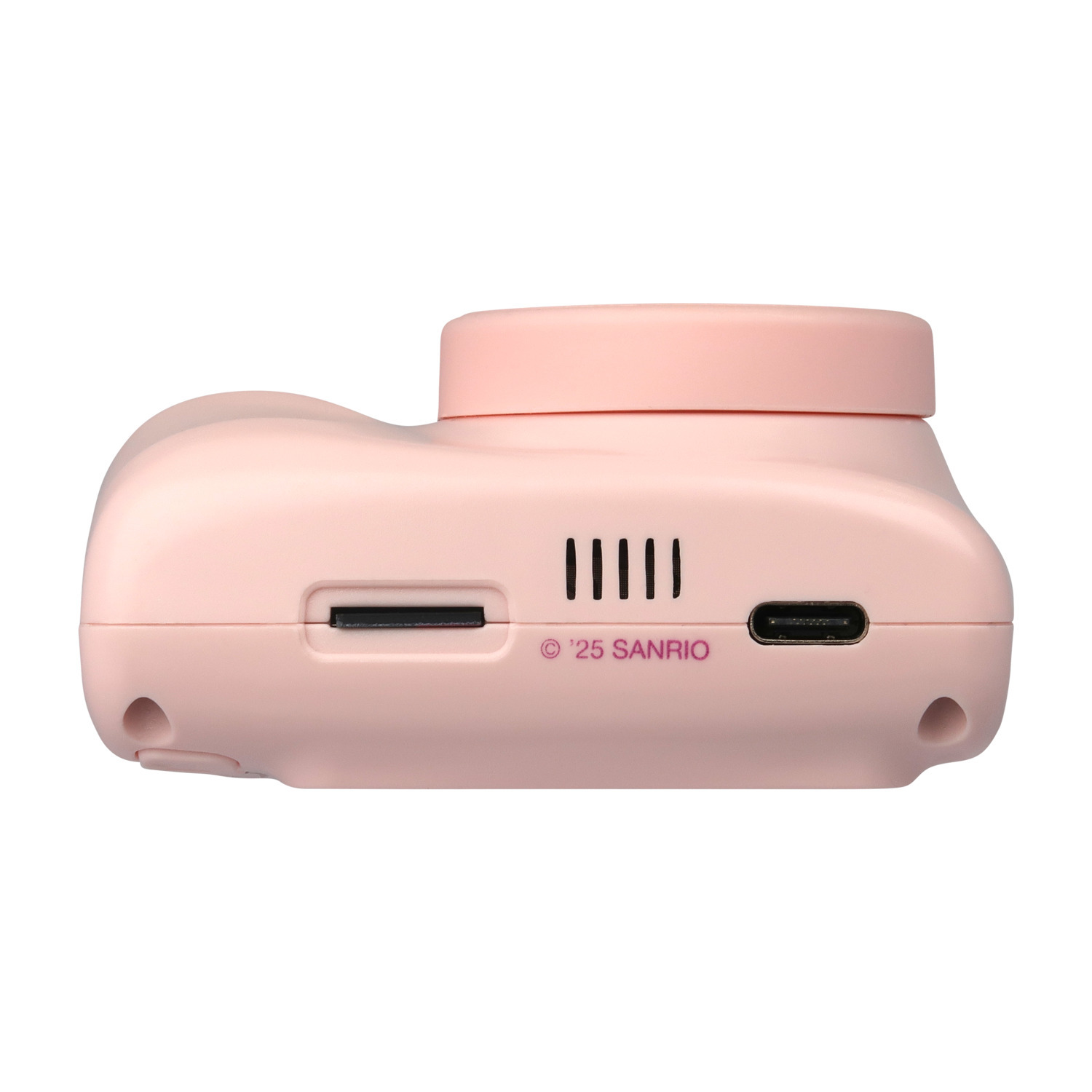 Side view of a pink Hello Kitty camera. Features include a port and a Sanrio logo.