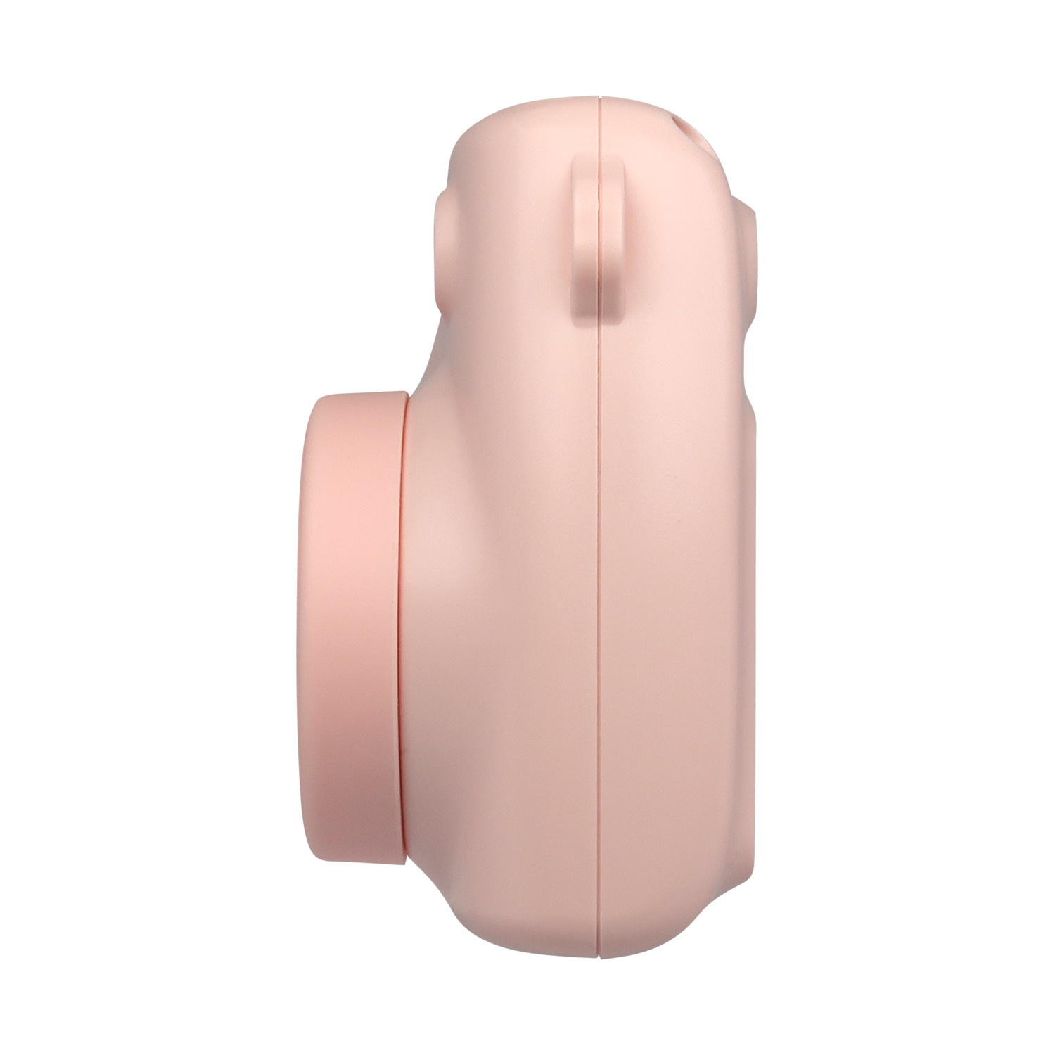 Side view of a pink Hello Kitty camera. The camera is a rounded shape.