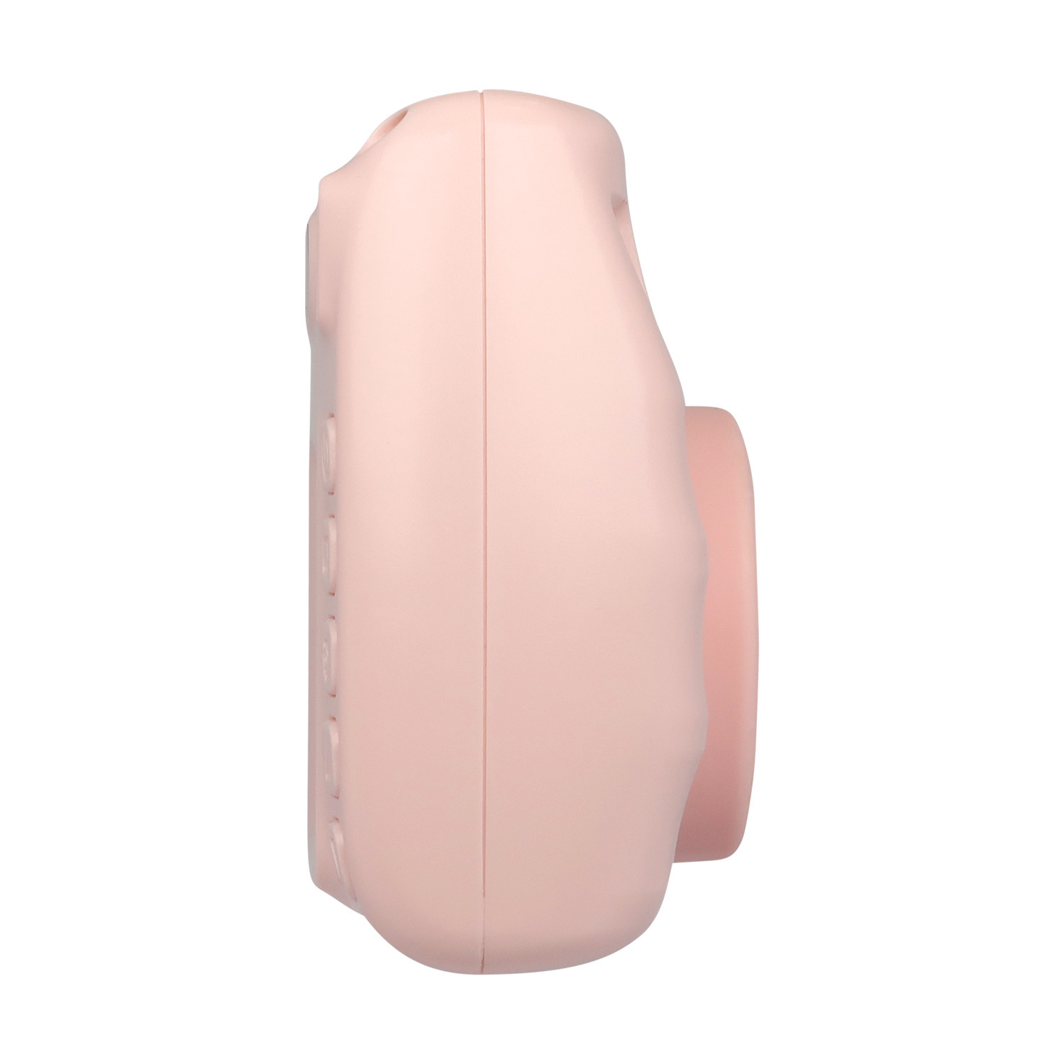 Side view of a pink Hello Kitty camera. Shows the side of the camera body.