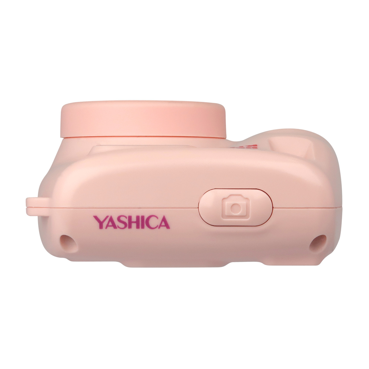 Side view of a pink Hello Kitty camera with YASHICA text. Camera button visible.