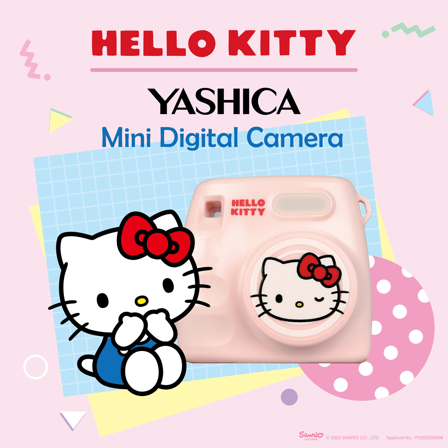 Pink Hello Kitty Yashica camera and a Hello Kitty figure. Blue grid and pink shapes in the background.