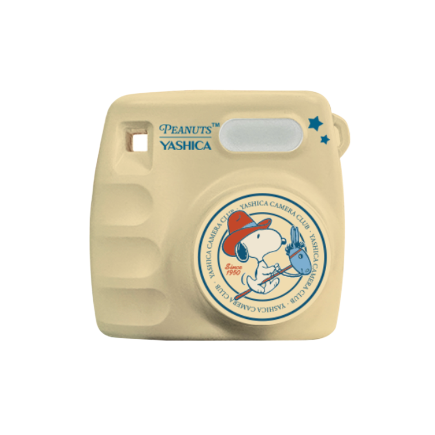 Beige Yashica camera met Snoopy-afbeelding. Heeft een lens, flitser en knoppen.