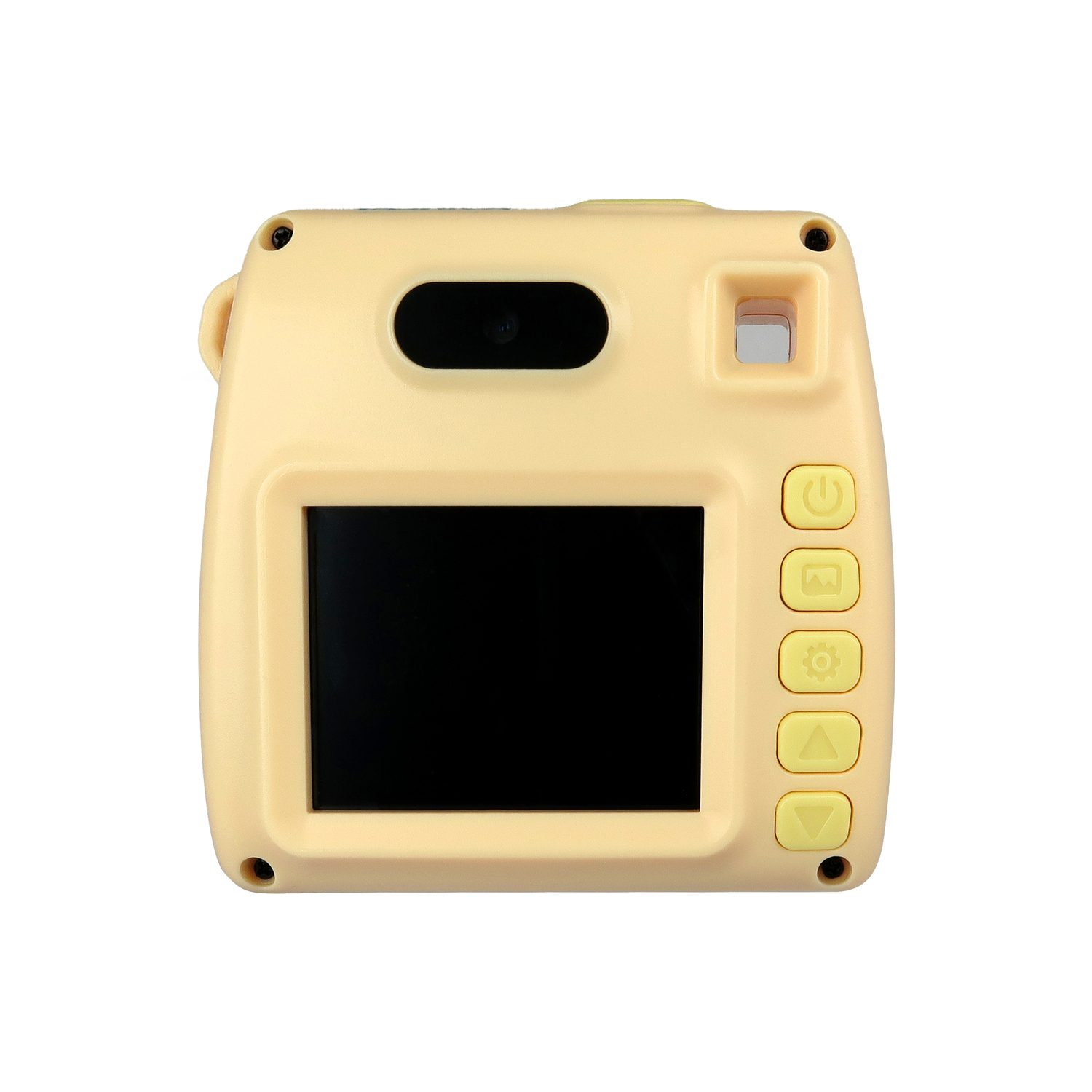 Achterkant van beige camera. Toont zwart scherm, aan/uit, instellingen en gele knoppen.