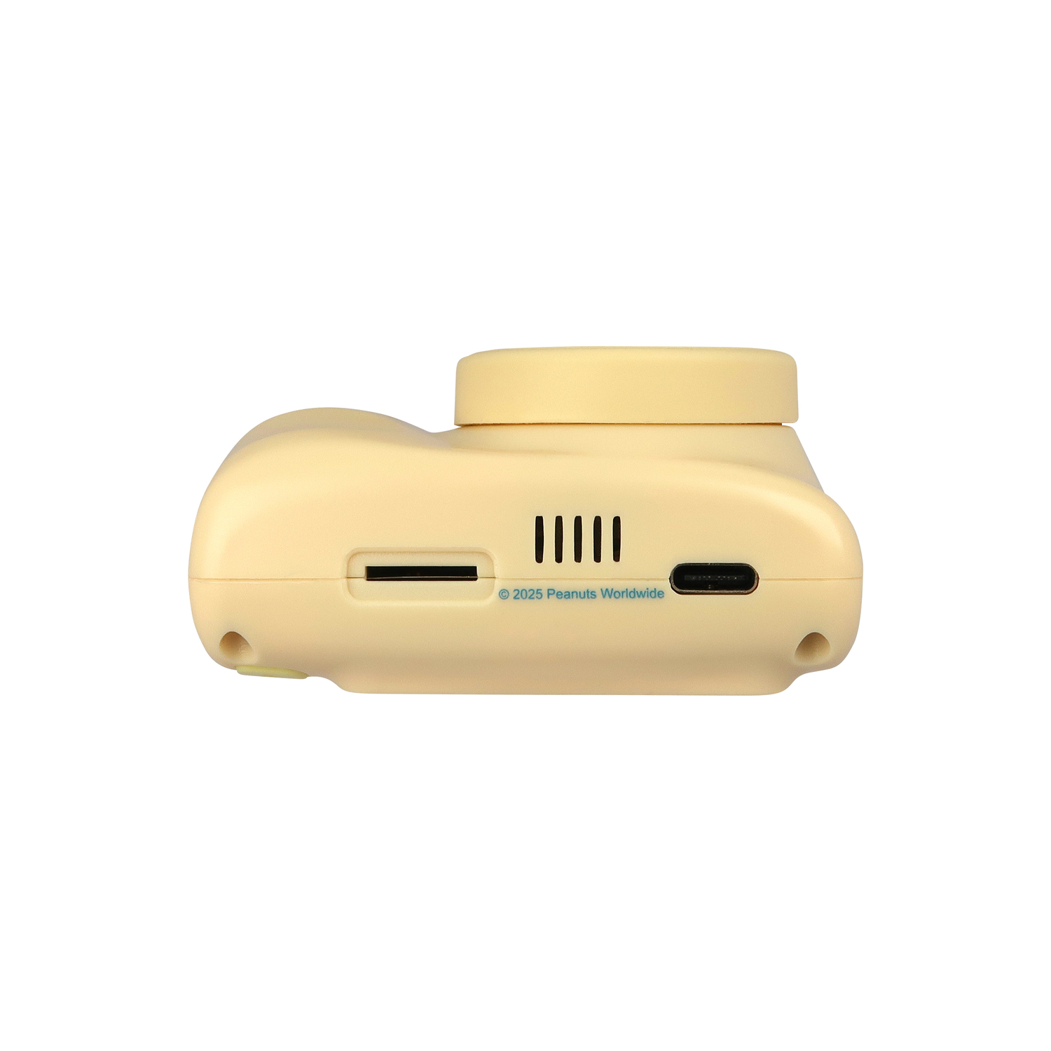 Zijaanzicht van beige camera, toont onderkant met poorten en rechterkant met oor.