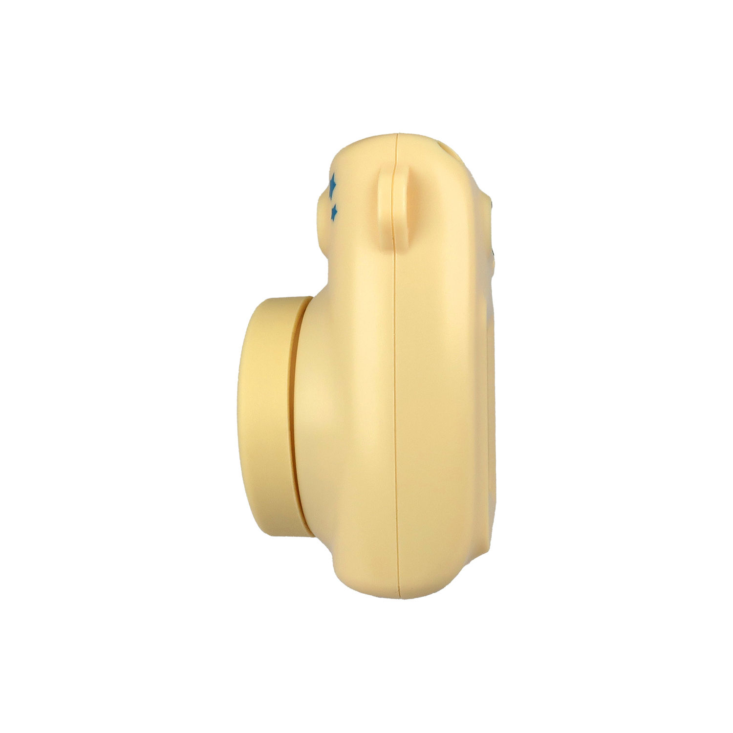 Zijaanzicht van beige camera. Toont de lens en een klein oor detail. Witte achtergrond.