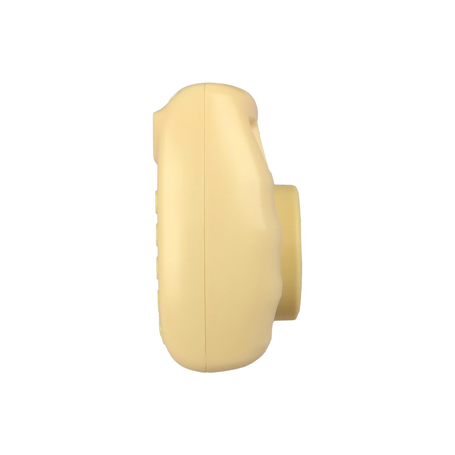 Zijaanzicht van beige camera. Toont de lens en een klein oor detail. Witte achtergrond.