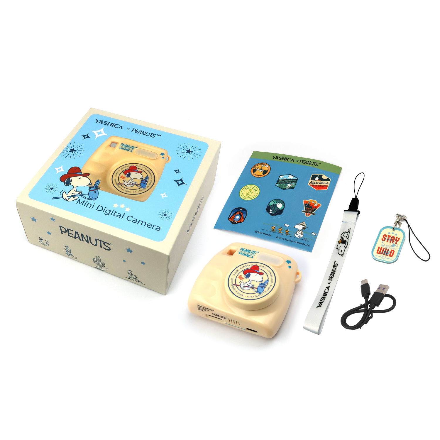 Camera en accessoires. Camera in doos, stickers, koord, bedel en kabels. Witte achtergrond.