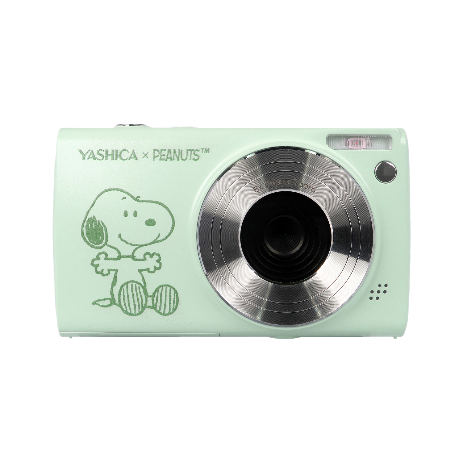 Groene Snoopy camera vooraanzicht. Heeft een lens, Snoopy-afbeelding en knoppen.