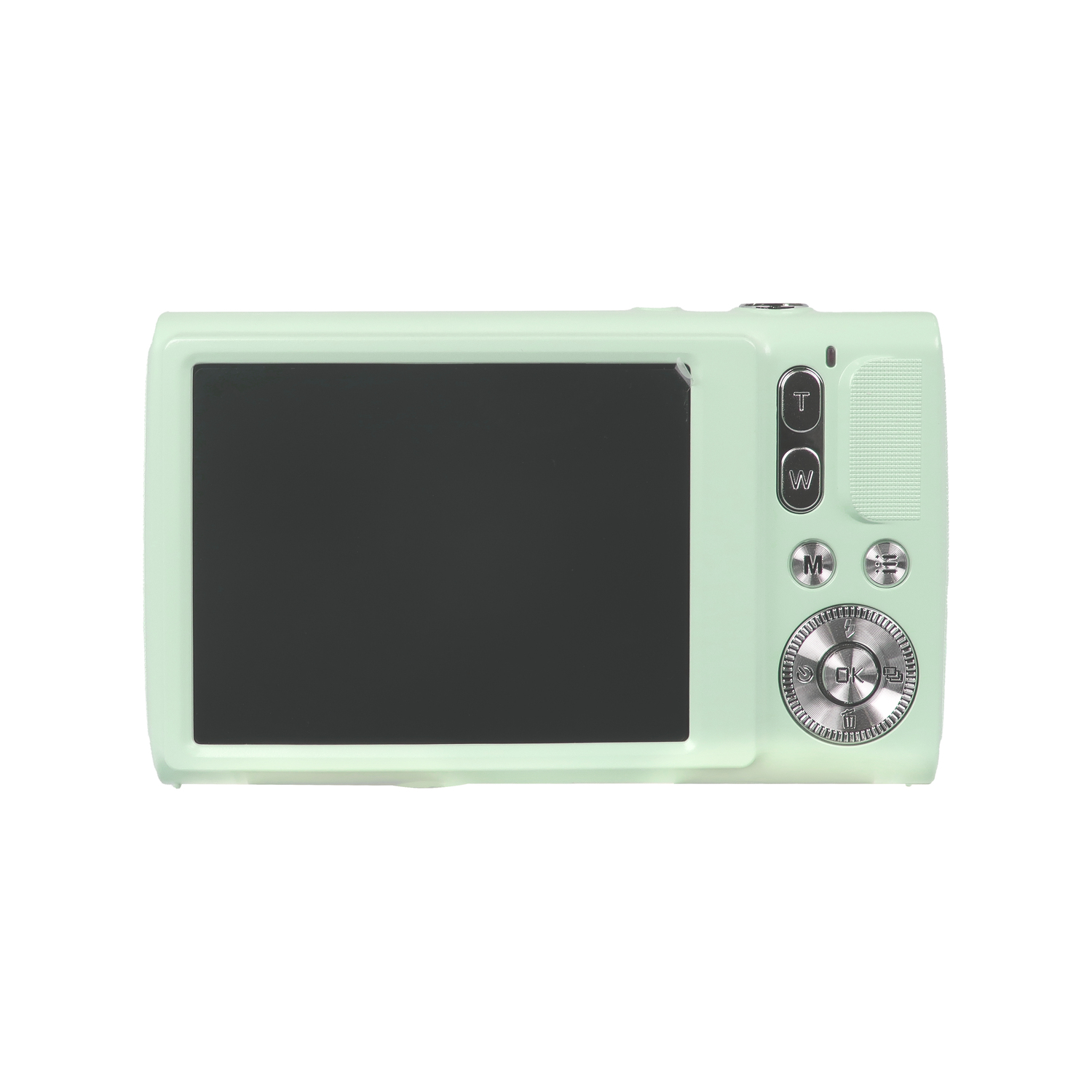 Groene camera achterkant. Toont scherm, knoppen en een draaiknop. Witte achtergrond.
