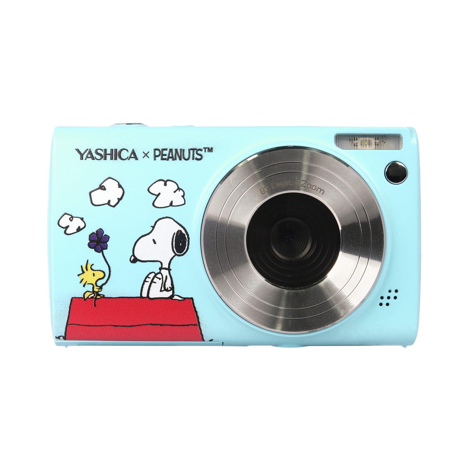Blauwe camera vooraanzicht. Heeft een lens, Snoopy en Woodstock-afbeeldingen.
