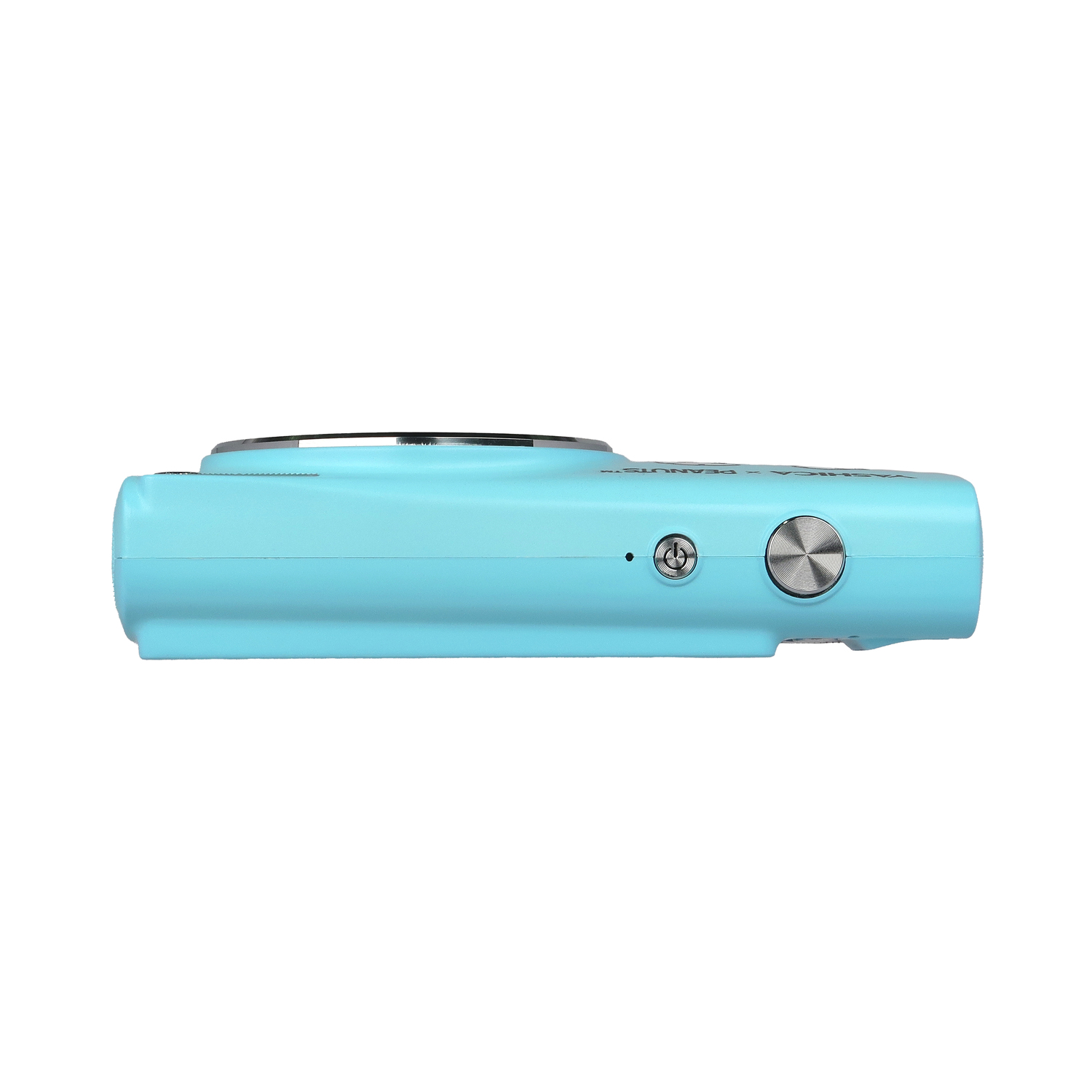 Bovenaanzicht van een lichtblauwe camera. Met aan/uit-knop en zilveren knop.