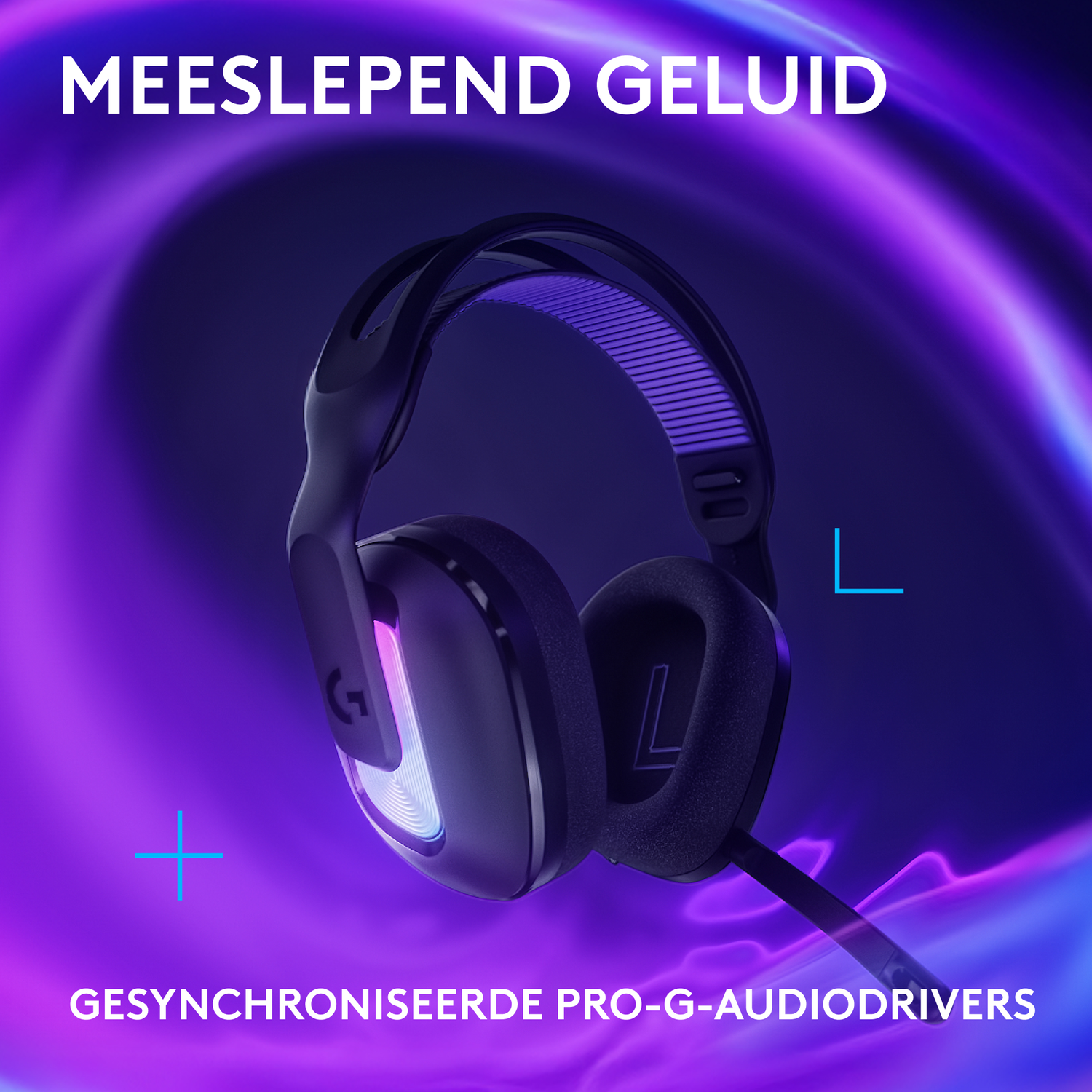 Close-up van een zwarte gamingheadset, met blauw en roze licht op de oorschelp.