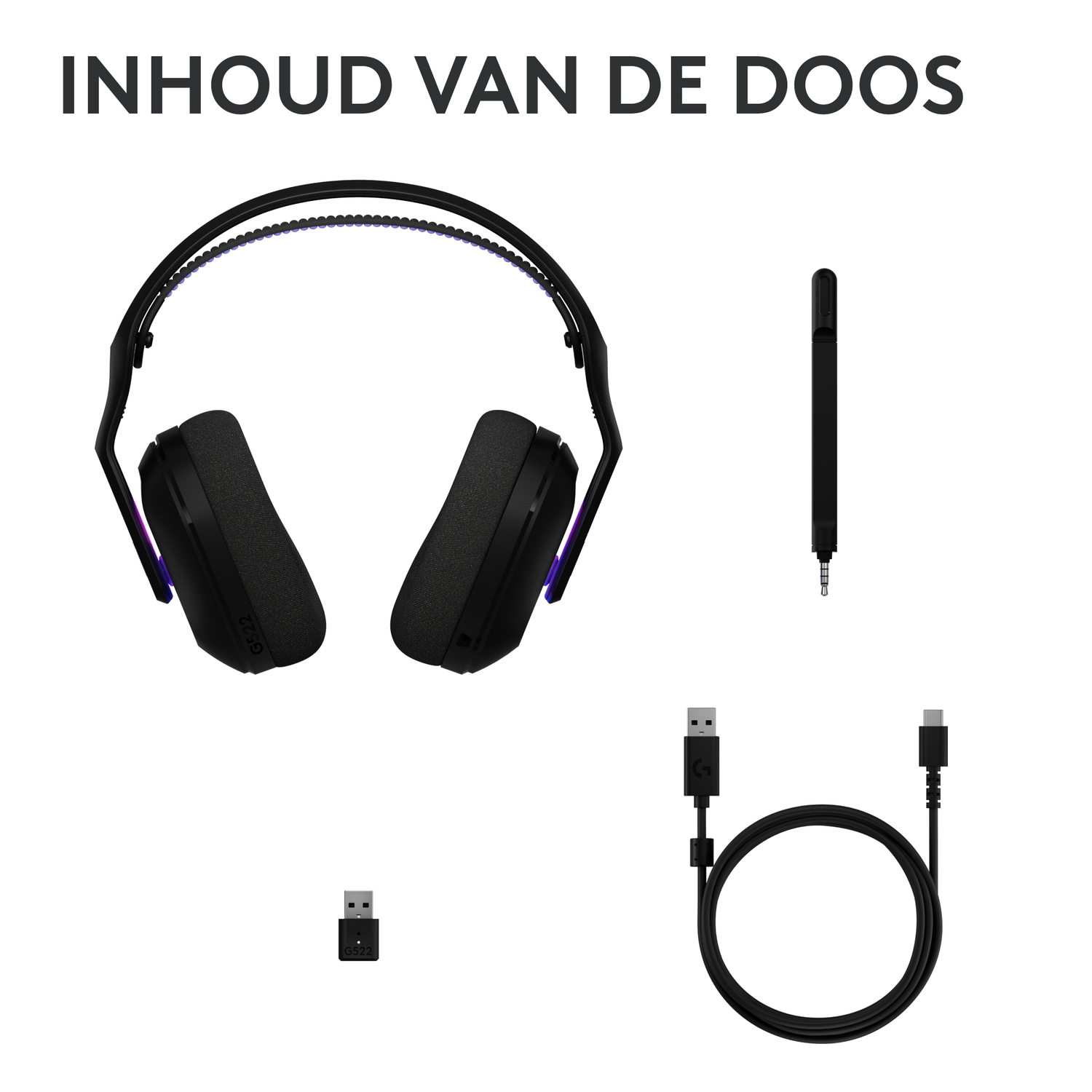 Headset componenten uitgestald: headset, microfoon, USB-kabel en draadloze adapter.