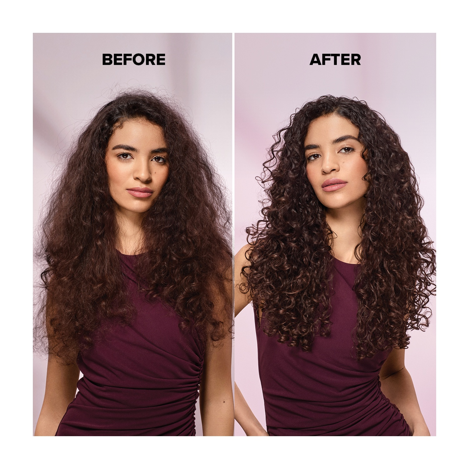 Confronto prima e dopo. Donna con capelli crespi e poi con ricci definiti, vestito bordeaux.