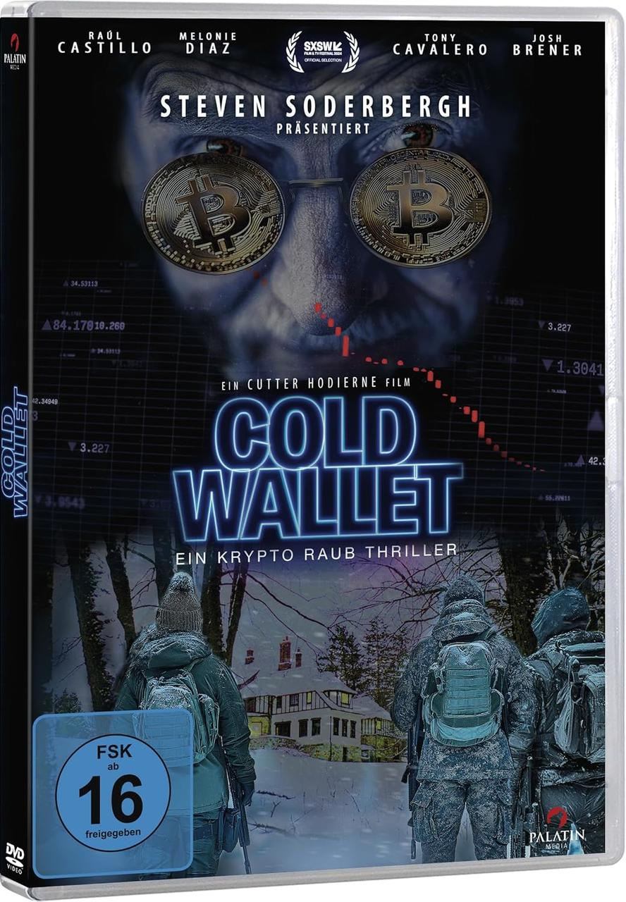 Filmplakat für 'Cold Wallet' mit Bitcoin-Symbolen und verschneiter Szene.