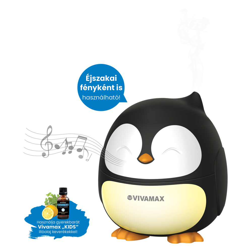 Pinguin alakú aroma diffúzor fénnyel és illóolajjal.