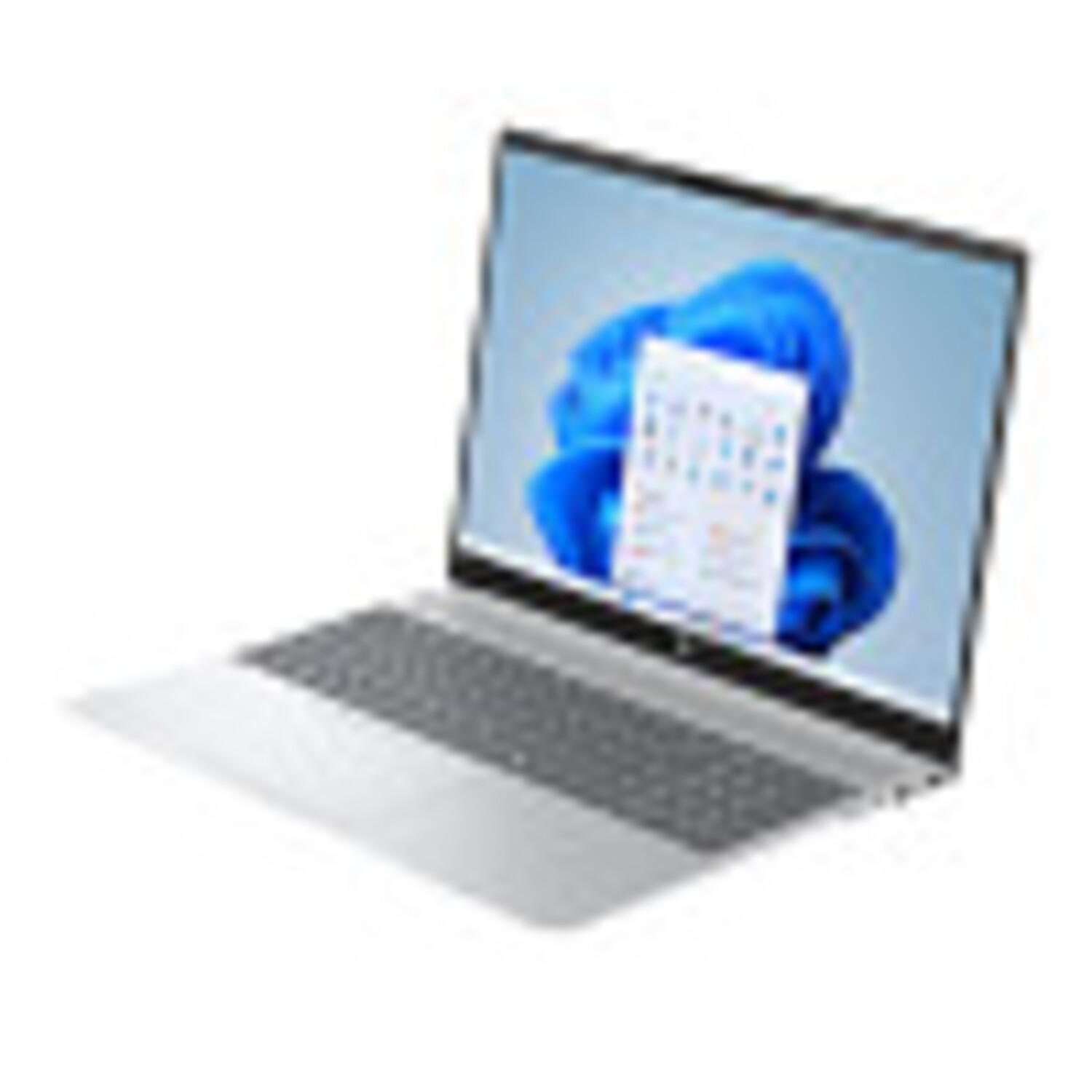 Zilveren laptop open met Windows 11 interface. De laptop staat op een witte achtergrond.