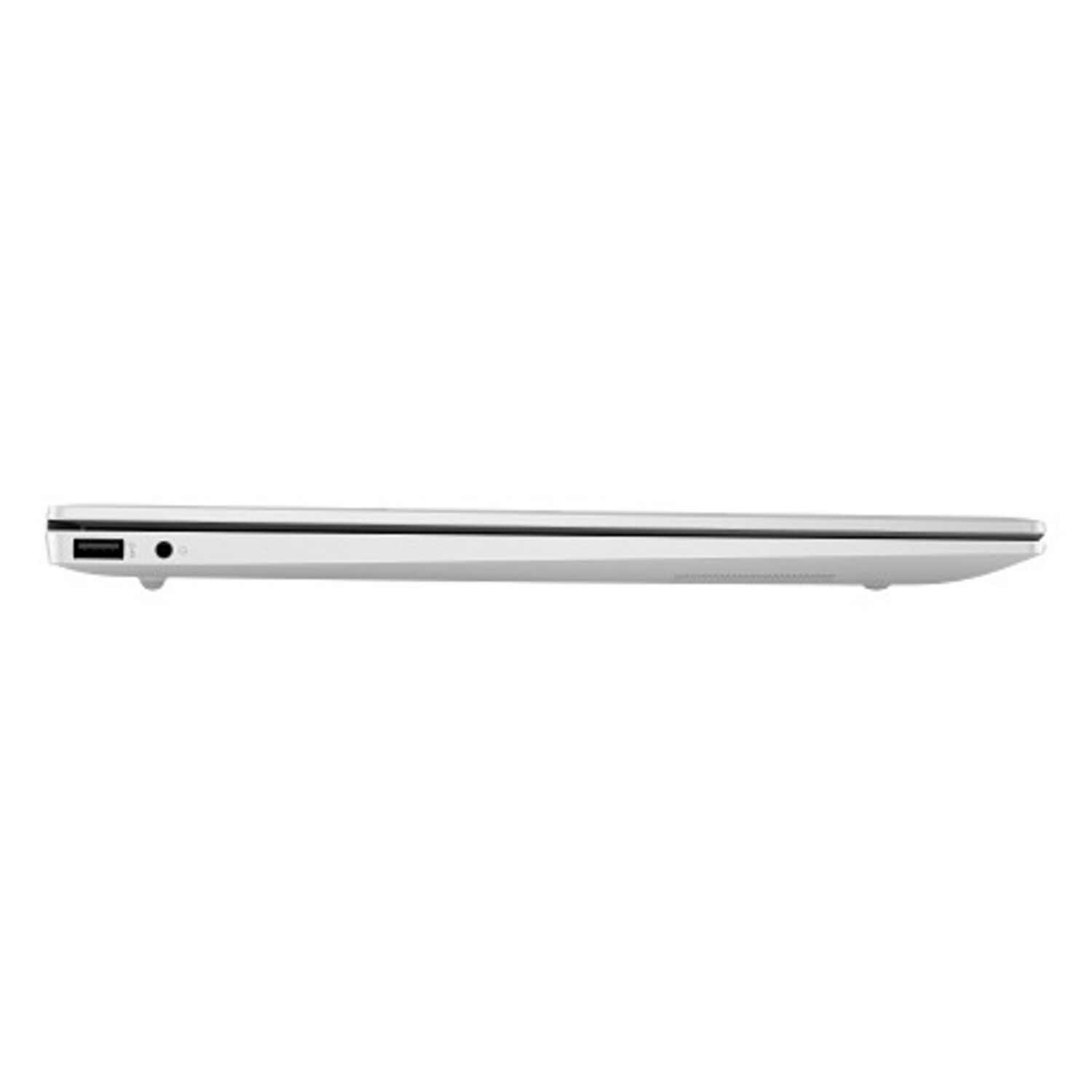 Zijaanzicht van een witte laptop, met het dunne profiel, de poorten en de aan/uit-knop.