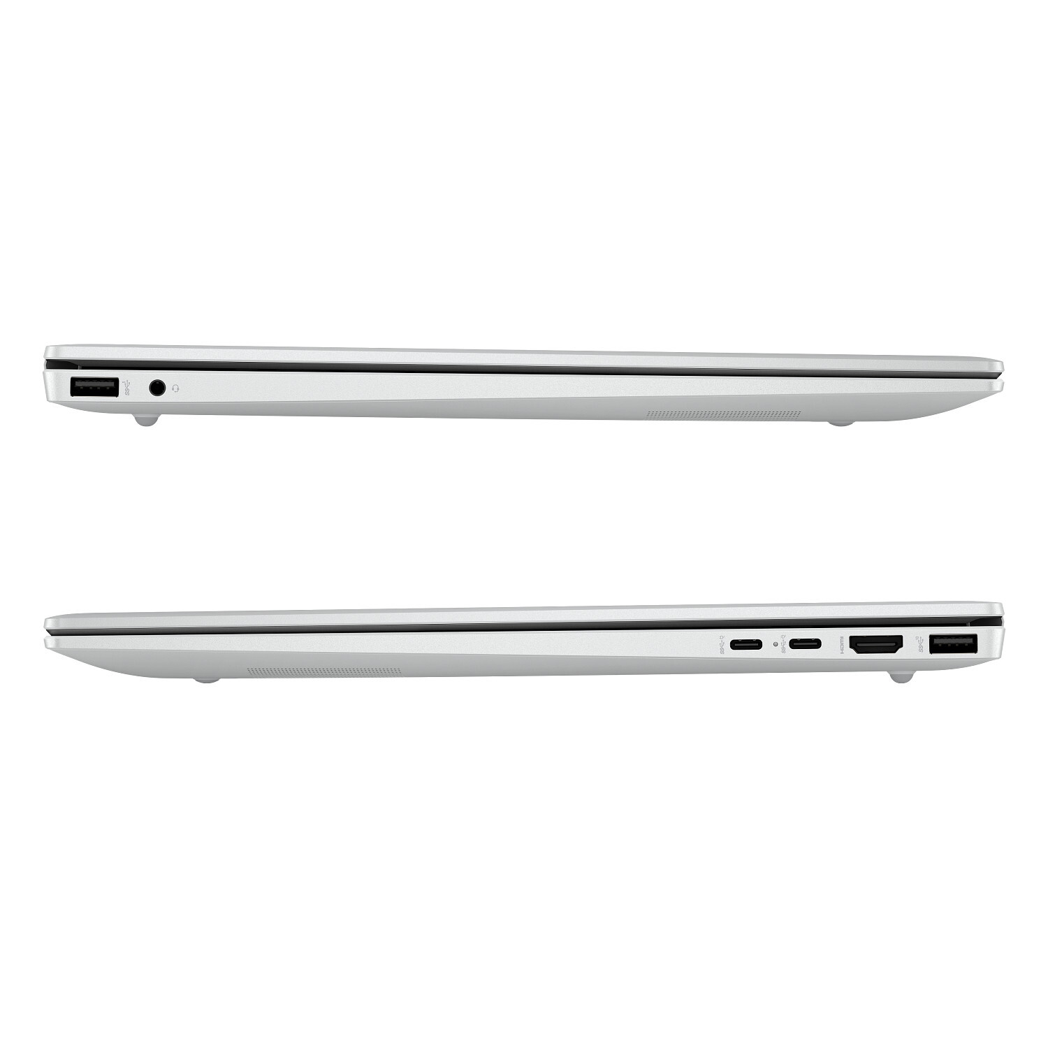 Twee laptops van opzij bekeken; één met poorten, de ander alleen het zijprofiel.