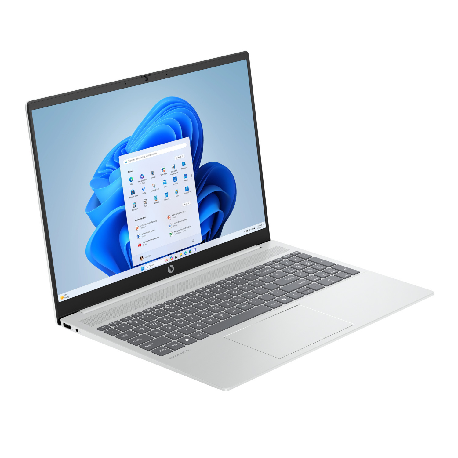 Laptop at an angle, showing screen with Windows 11 interface, keyboard, and trackpad.