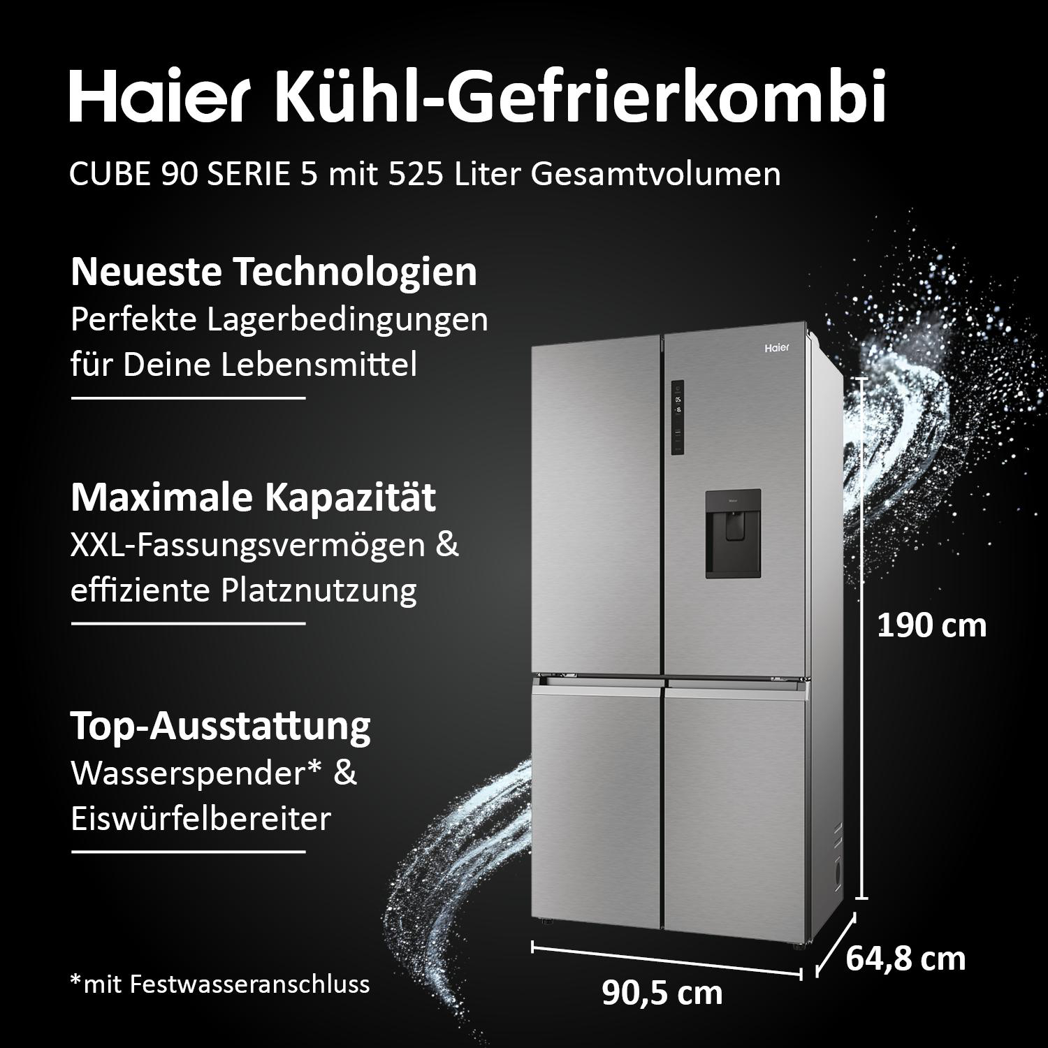 Haier Kühl-Gefrierkombi mit Maßen. Silbernes Vier-Türen-Modell. Text beinhaltet Funktionen und Markenname.
