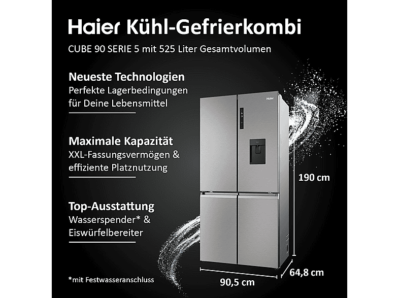 HAIER HCR5919EHMP CUBE 90 SERIE 5 Kühlgefrierkombination (525 l, E, 1900 mm hoch, Edelstahlfront)