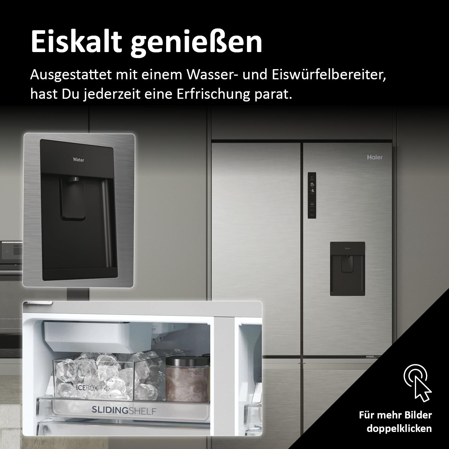 Edelstahlkühlschrank mit Eis- und Wasserspender. Der Innenraum hat Eis.